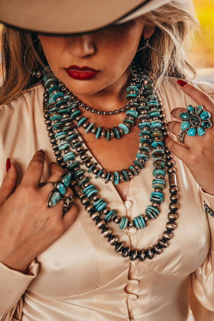 Handmade choker necklace featuring sterling silver pearls, turquoise, and Western-style beads. Designed for layering or solo wear, crafted in the USA by The Bijoux FAB.