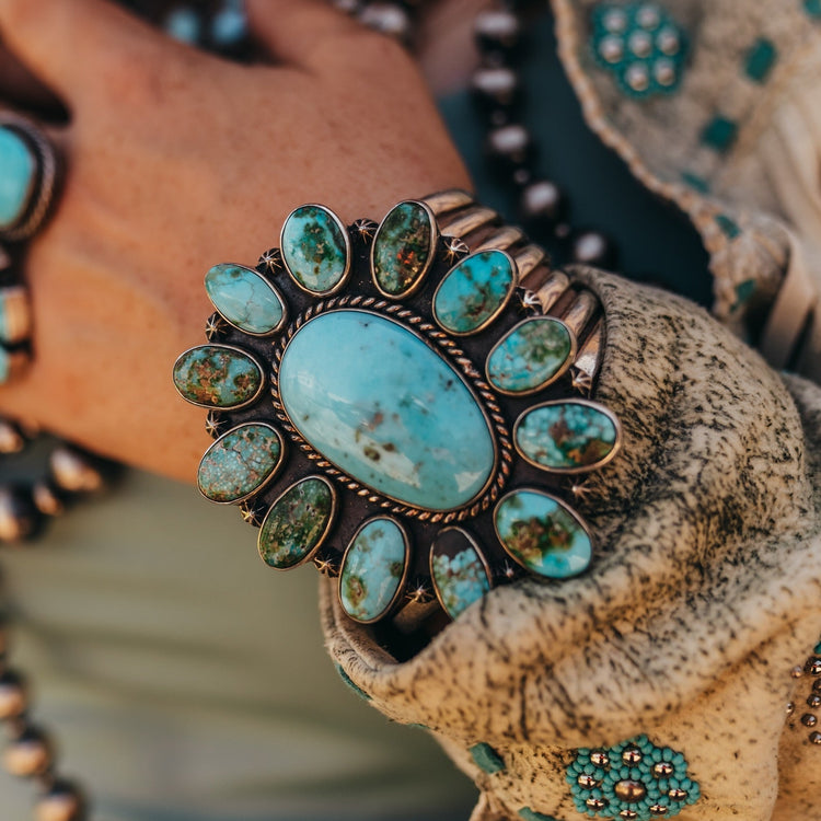 Handmade Western bracelets featuring sterling silver pearls and turquoise. Crafted in the USA with high-quality materials.