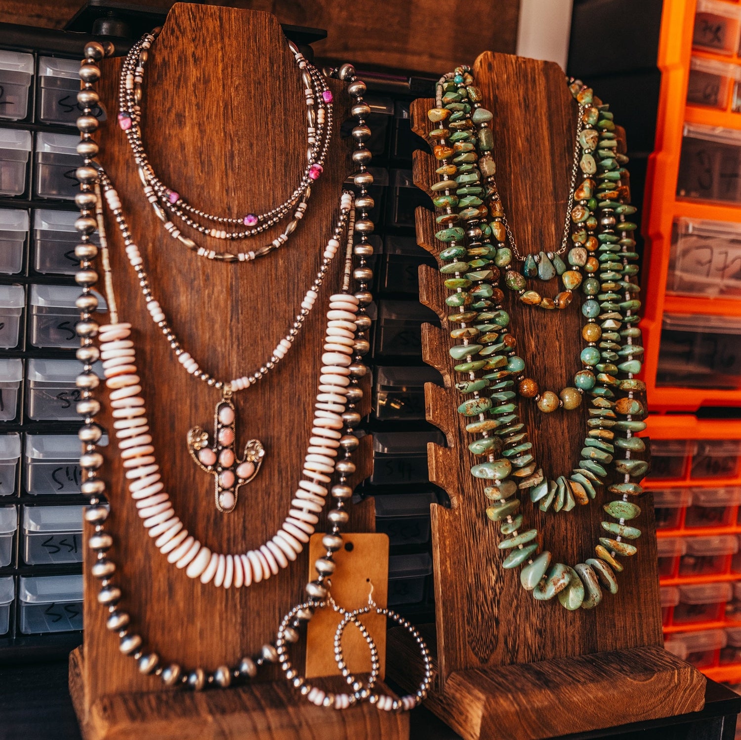 Handmade Western necklaces featuring sterling silver pearls and genuine turquoise. Crafted in the USA with high-quality materials