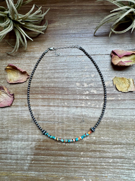 Handmade sterling silver pearl choker with turquoise-dominant heishi beads and spiny oyster accents, 14 inches + extender, made by The Bijoux FAB