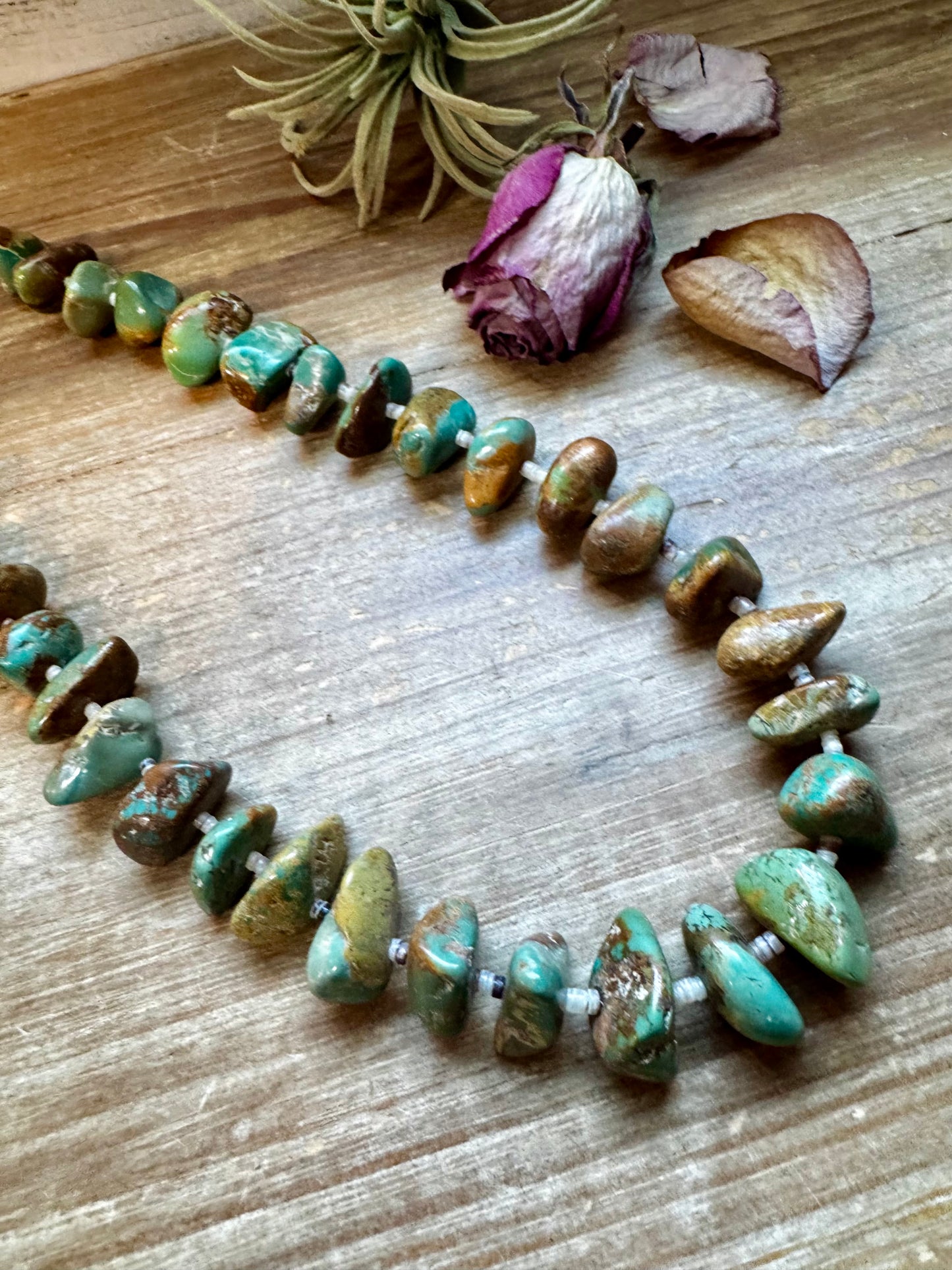 26" Green Turquoise Nugget & Shell Necklace
