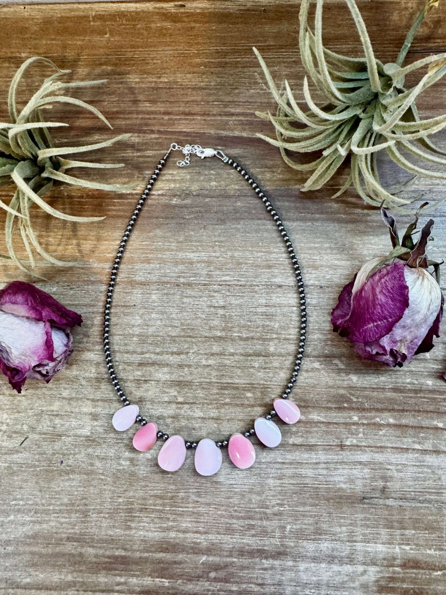 14-inch sterling silver pearl choker with seven pink conch petal teardrop beads, handmade by The Bijoux FAB in the USA