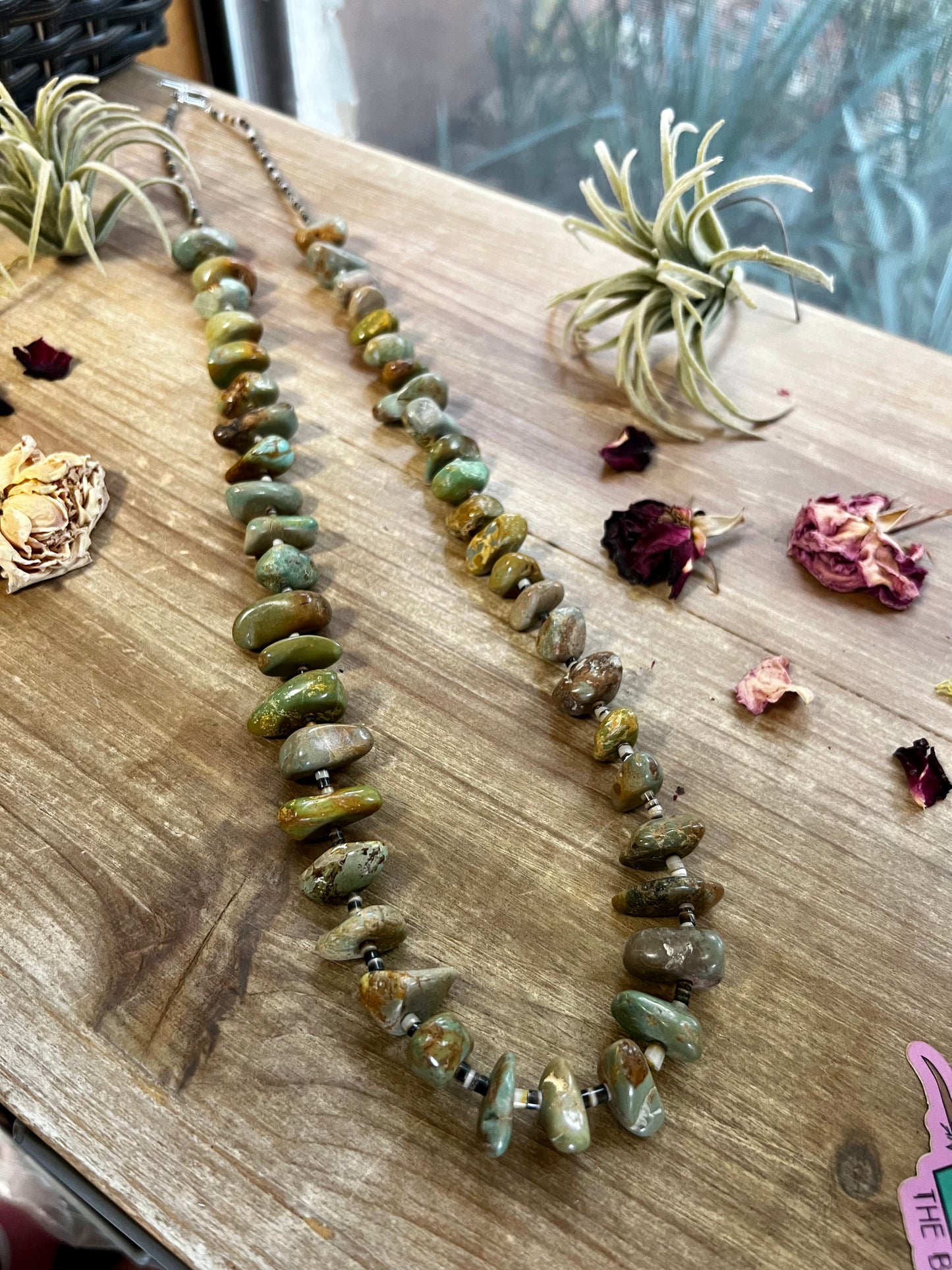 Green big chunky nuggets turquoise necklace with cream shells - fall collection