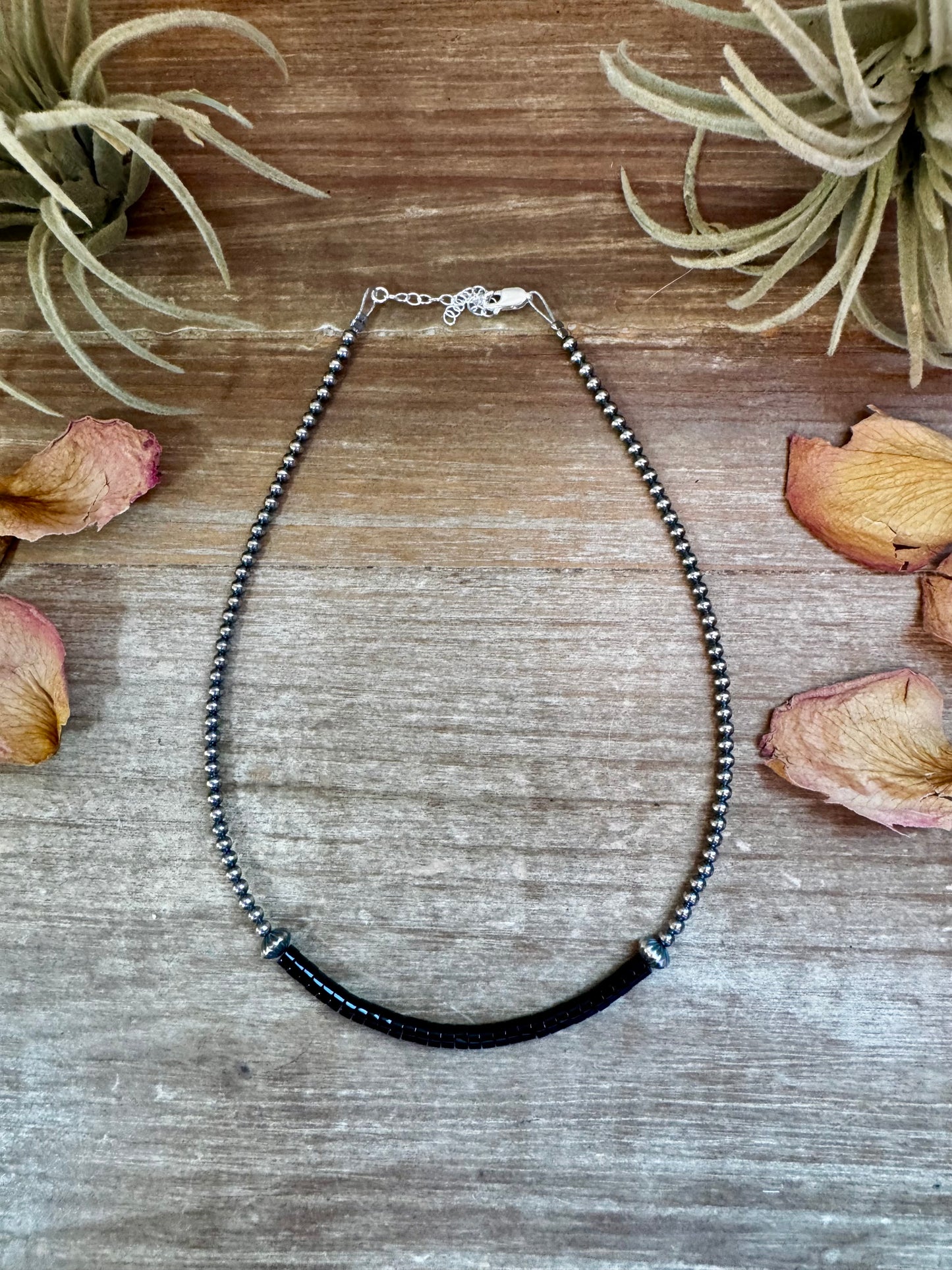 14.5-inch black onyx heishi choker with sterling silver round and saucer beads, handmade in USA by The Bijoux FAB