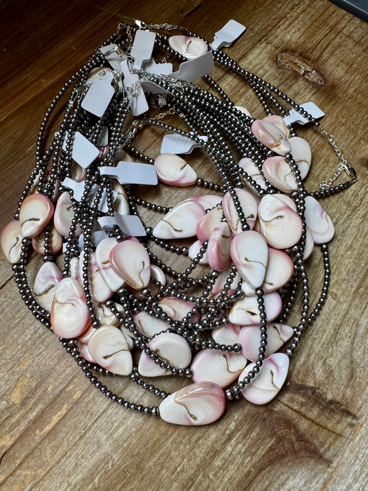 Sterling Silver Choker – 4 Flat Pink Conch Teardrops – 14.5" Approx.