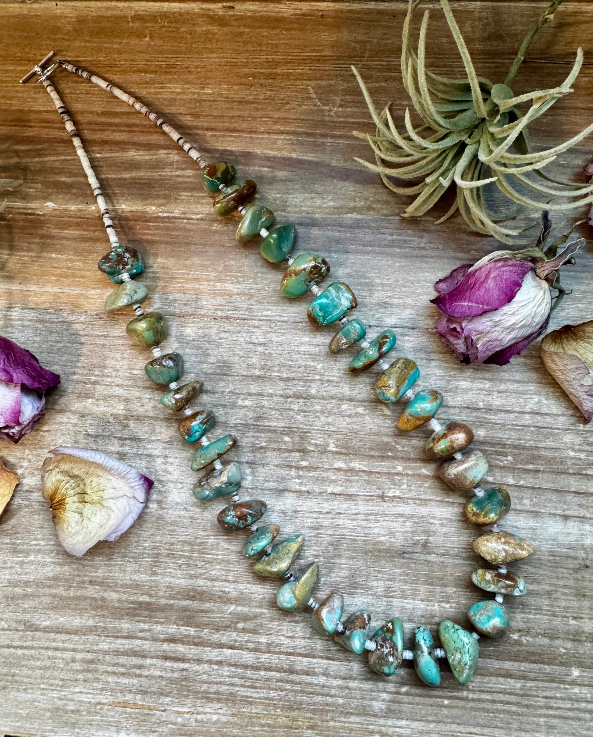 Statement necklace with 3mm shell beads and large freeform green turquoise nuggets, handmade by The Bijoux FAB in the USA