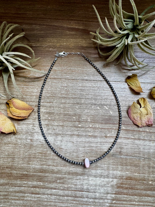 Sterling silver choker with 10mm pink conch center bead and 3mm pearls, 14.5 inches long plus extender