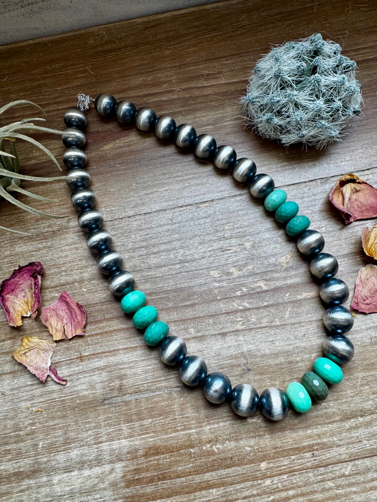 19 Inch 14 mm Sterling Silver Pearls necklace with Australian Green Grass Agate
