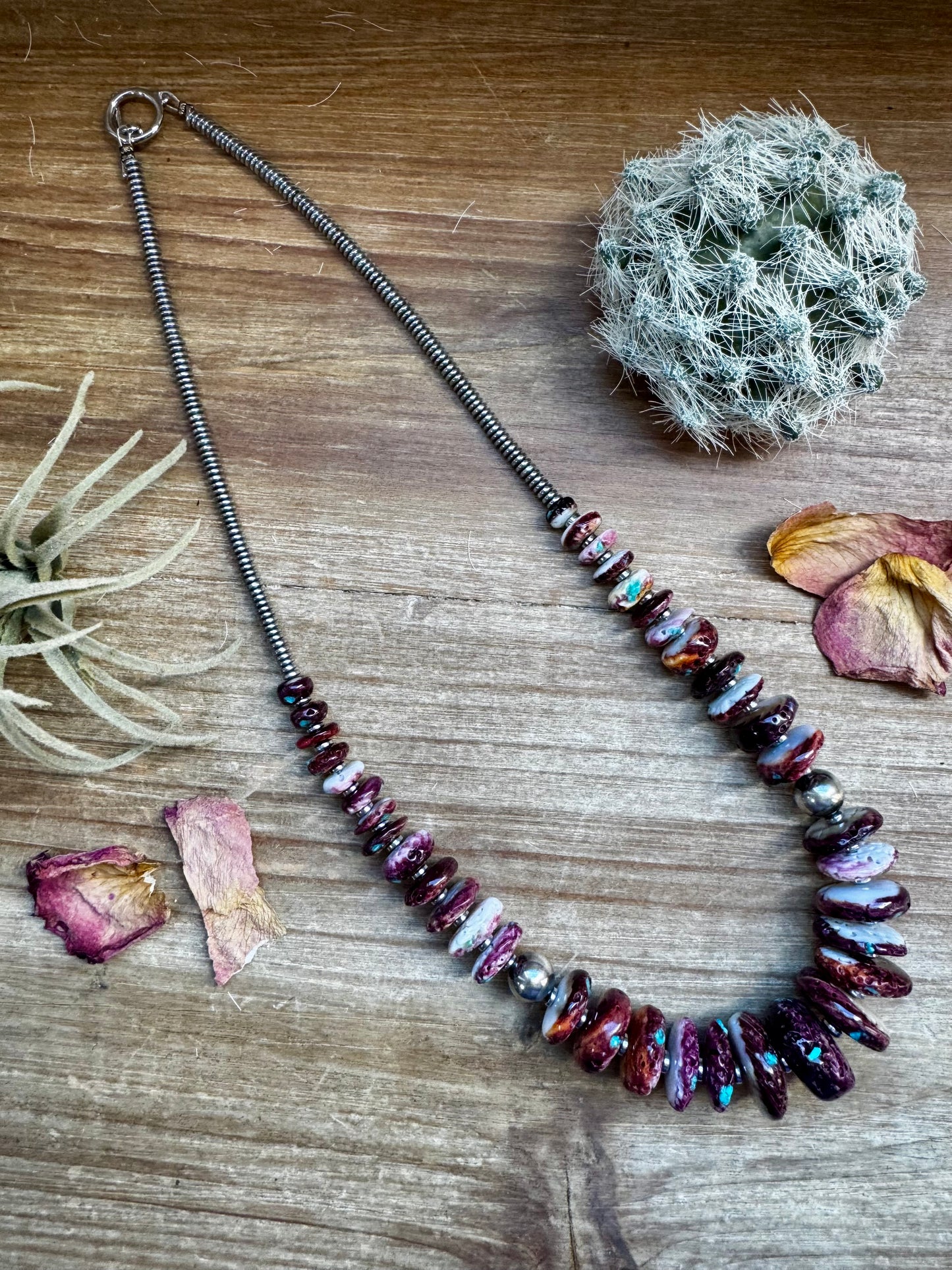 22 Inch graduated necklace more purple spiny, turquoise and sterling silver pearls