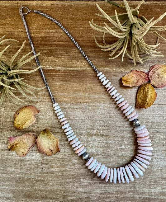 Handmade 23-inch pink conch necklace with hematite saucers and sterling pearls, made by The Bijoux FAB