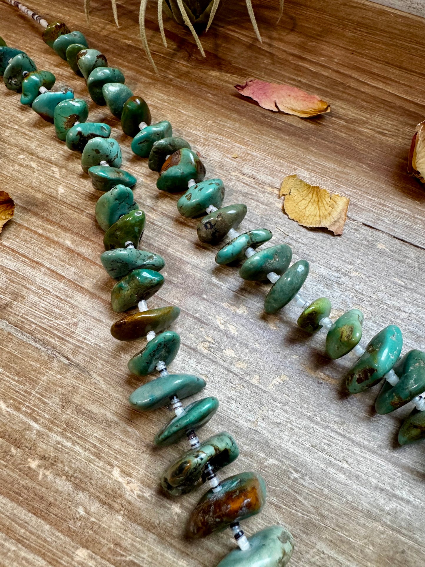 Handmade 34-inch necklace with 3mm natural shell beads and graduated real turquoise nuggets, finished with non-tarnish hook, made by The Bijoux FAB