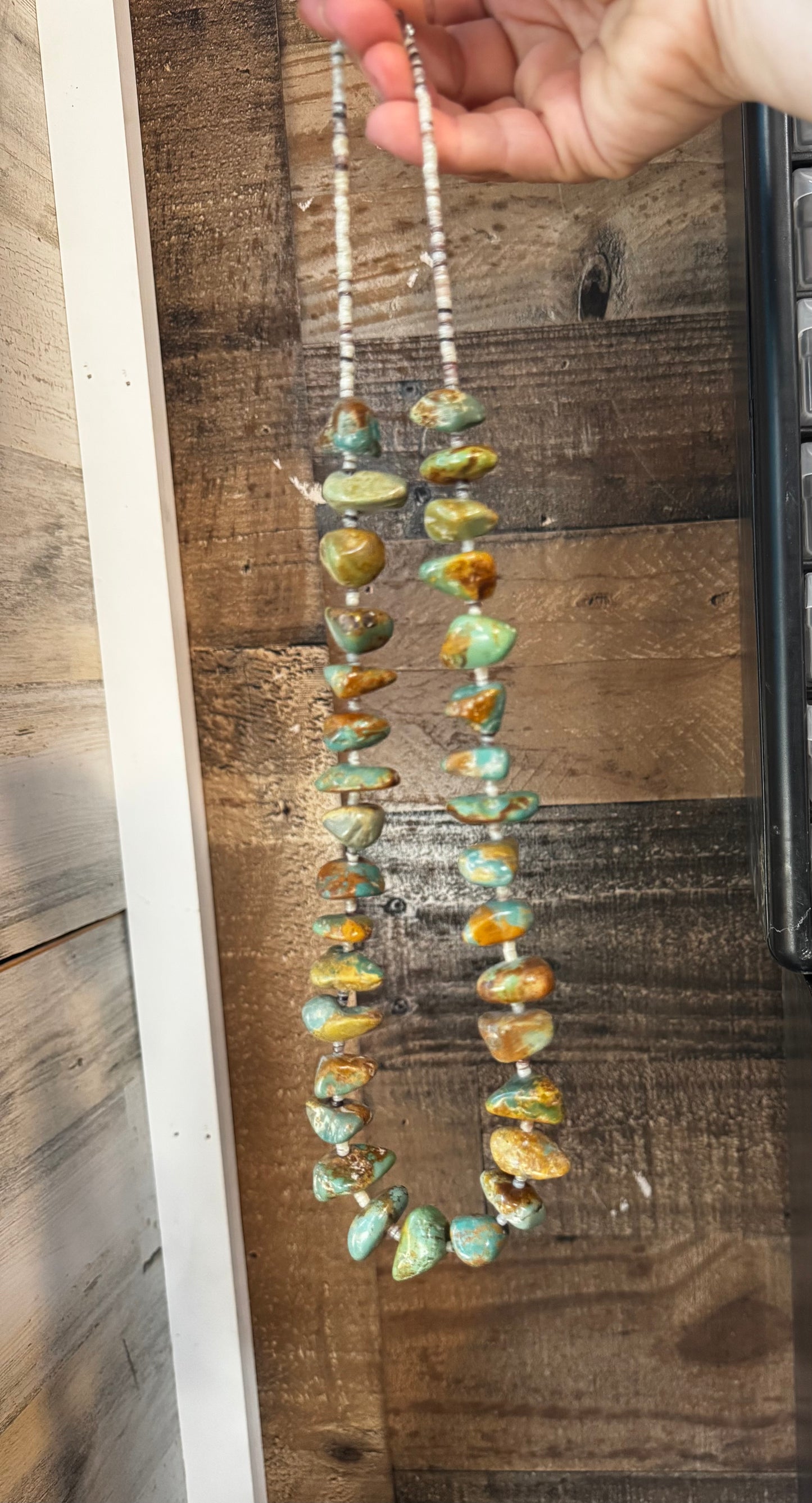 26" Green Turquoise Nugget & Shell Necklace