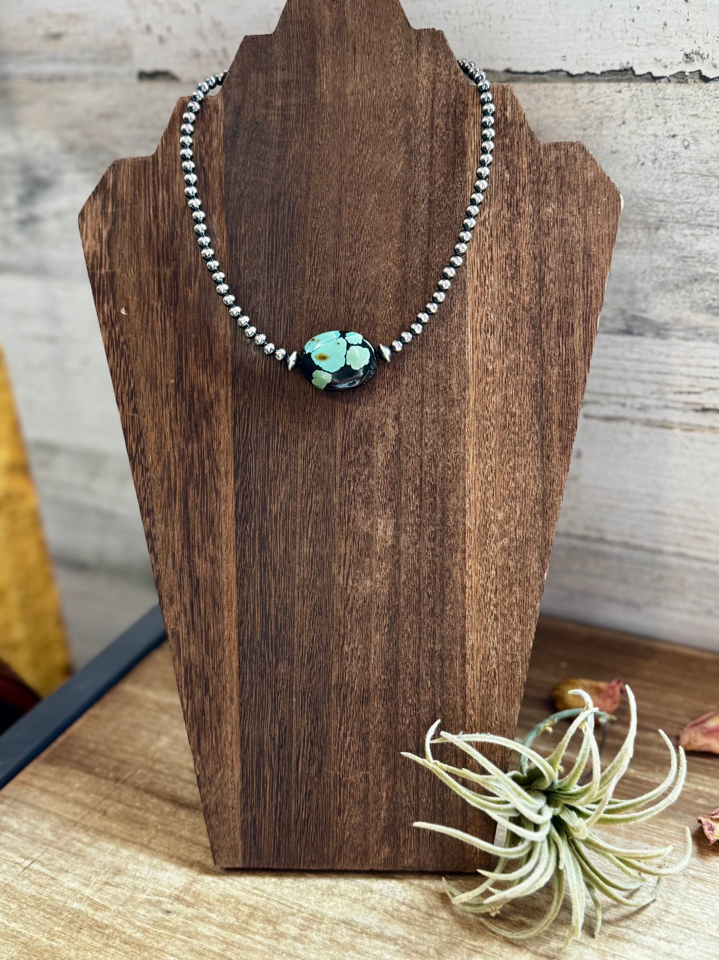 15-inch sterling silver pearl necklace with two high-grade Arizona turquoise stones, handmade and one of a kind