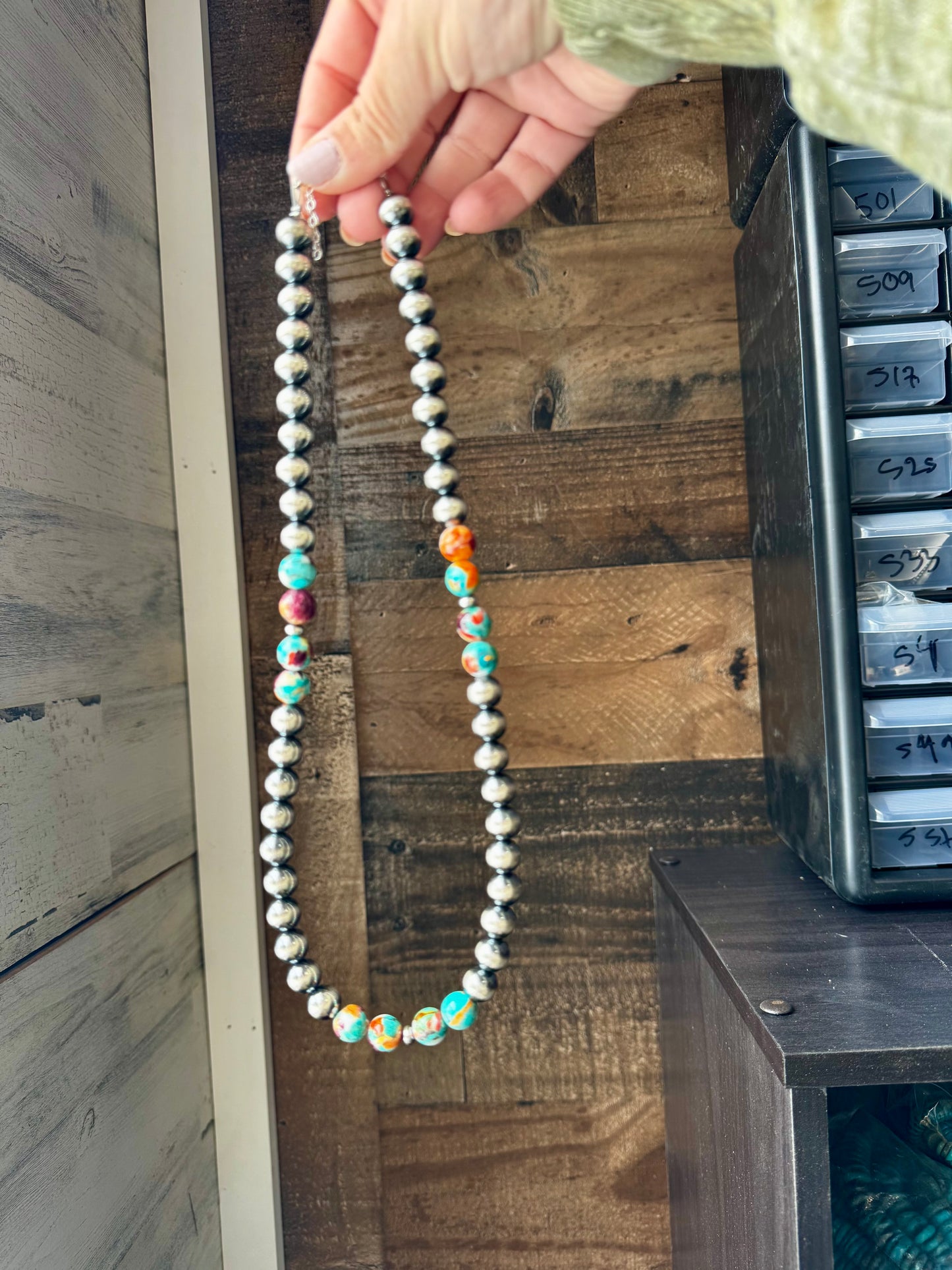 17 inch 8 mm Sterling Silver Pearls necklace with turquoise and spiny Mohave