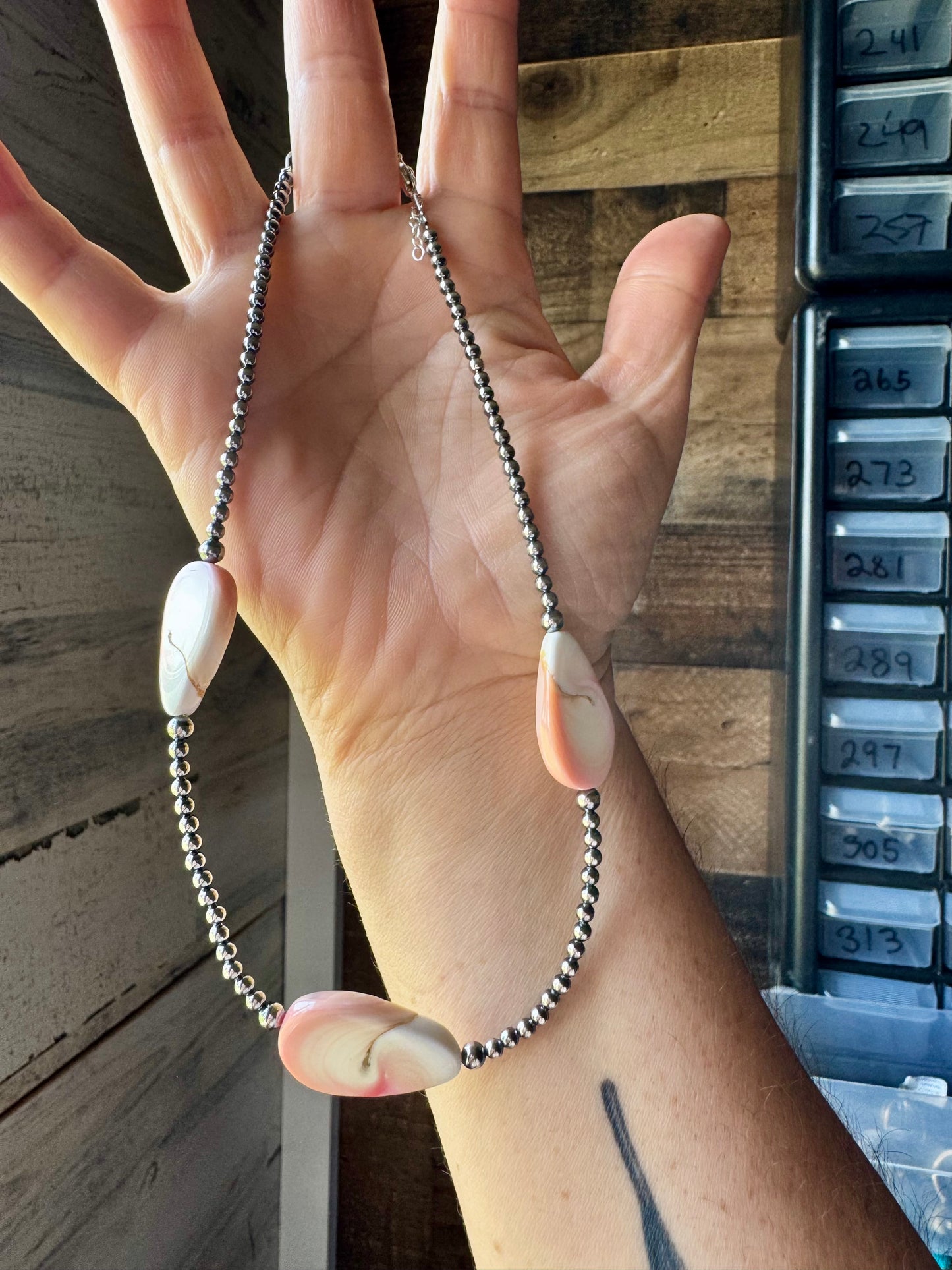Sterling Silver Choker – 4 Flat Pink Conch Teardrops – 14.5" Approx.