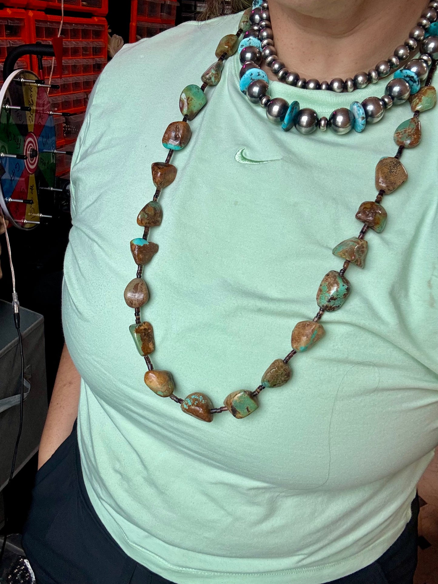 Handmade 34-inch necklace with brown 3mm shell beads and long green-brown turquoise nuggets, finished with non-tarnish hook, made by The Bijoux FAB