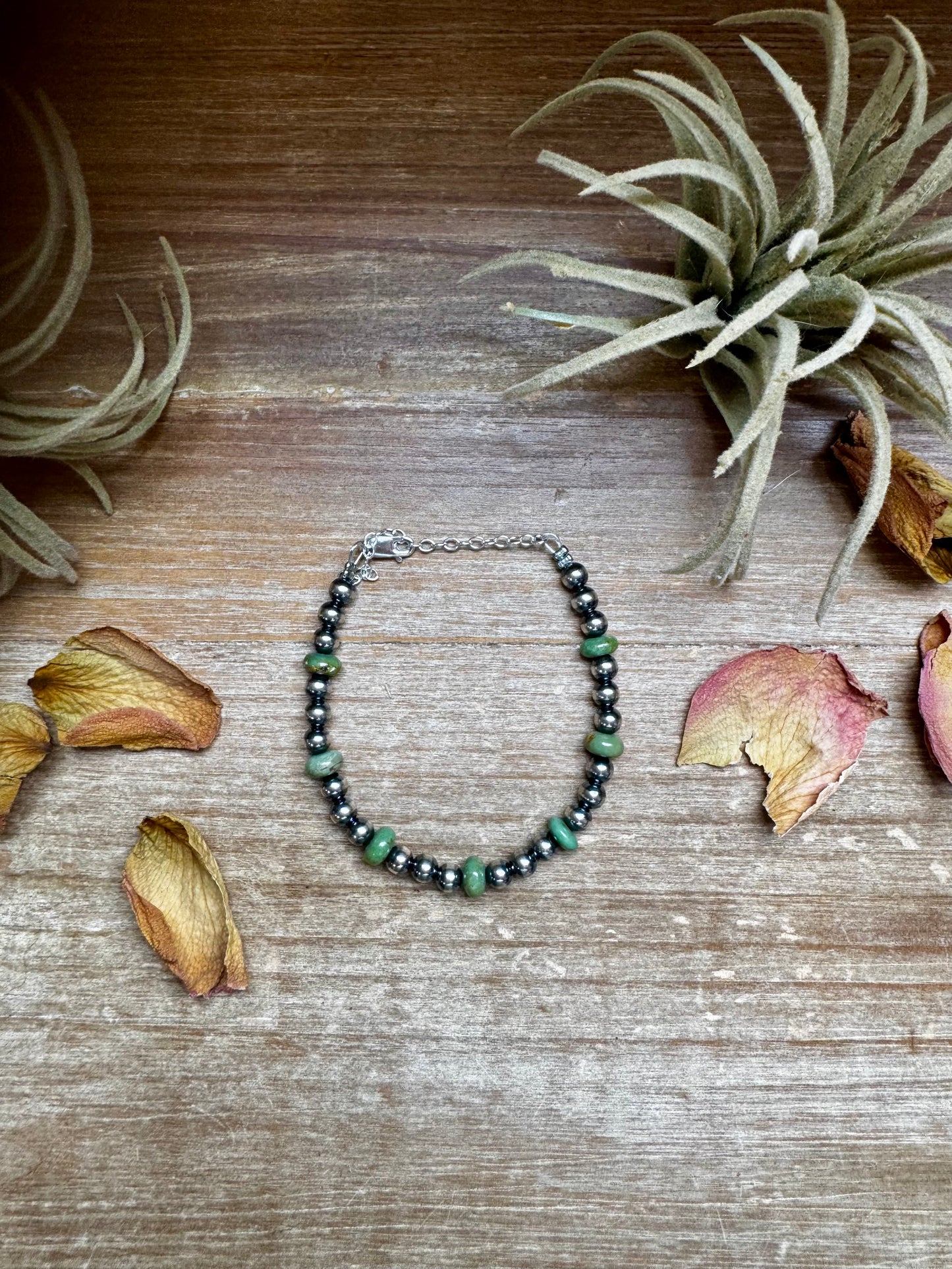6.5” sterling silver pearl bracelet with 6mm green turquoise rondelle beads, made in the USA by The Bijoux FAB