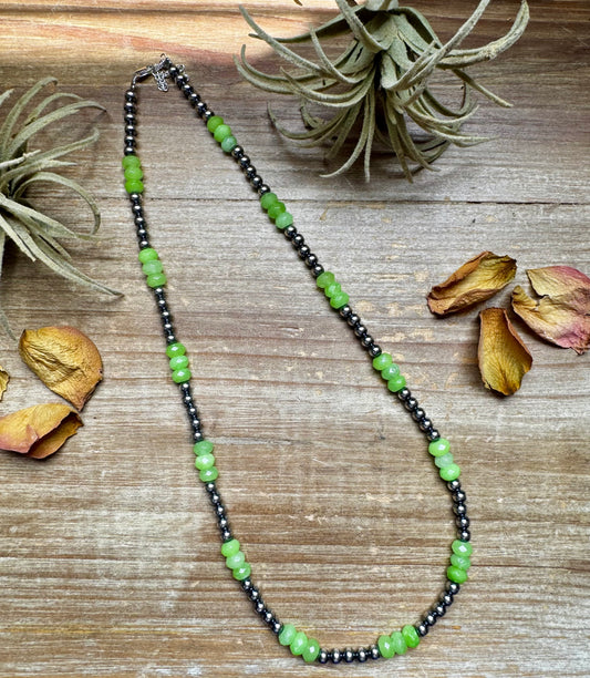 Jade green and sterling silver pearl necklace, handmade by The Bijoux FAB with faceted beads and lobster clasp