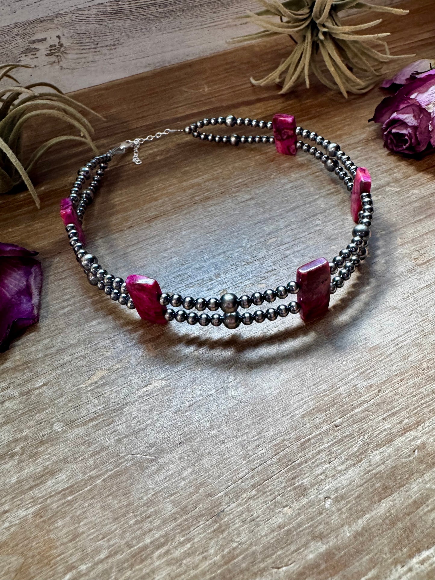 Pink Double Strand Necklace – 13” Beaded – Sterling Silver Pearls & Rectangle Variscite Turquoise