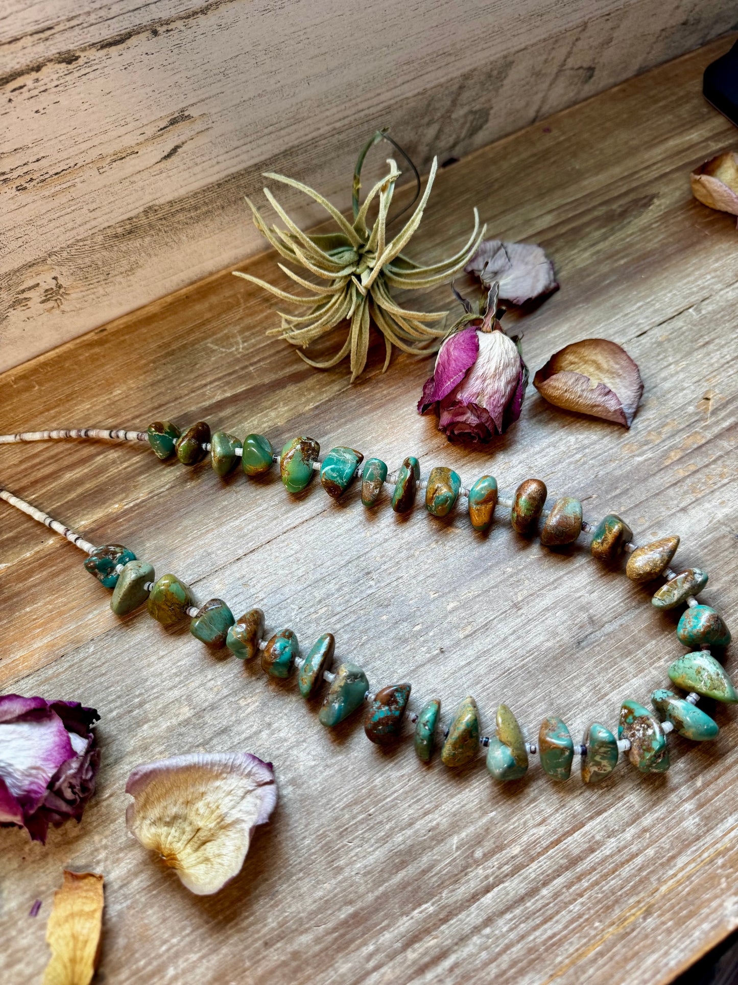 26" Green Turquoise Nugget & Shell Necklace