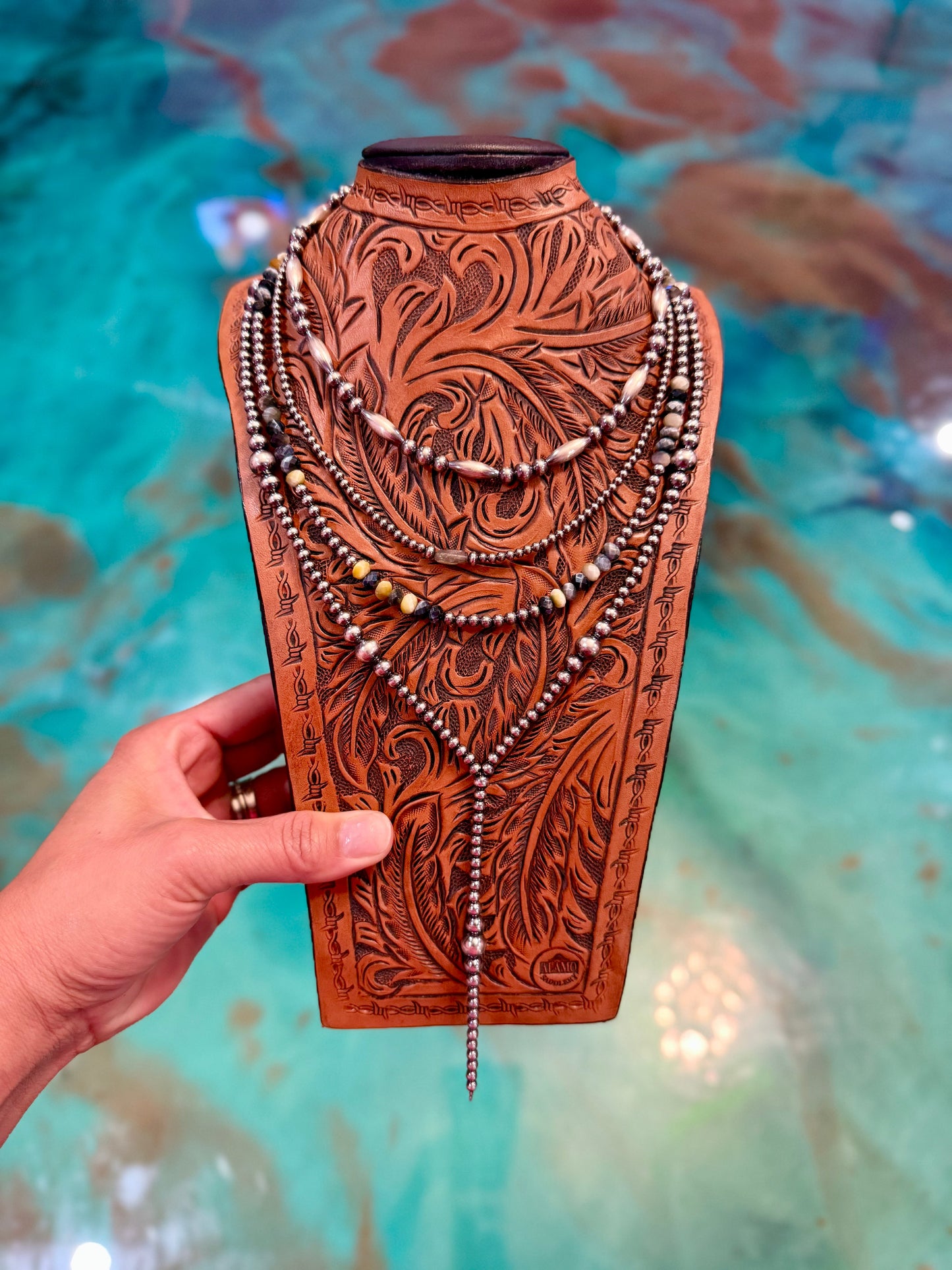 Four-piece sterling silver and natural stone jewelry stack with labradorite, tiger eye, and sterling silver pearls handmade by The Bijoux FAB
