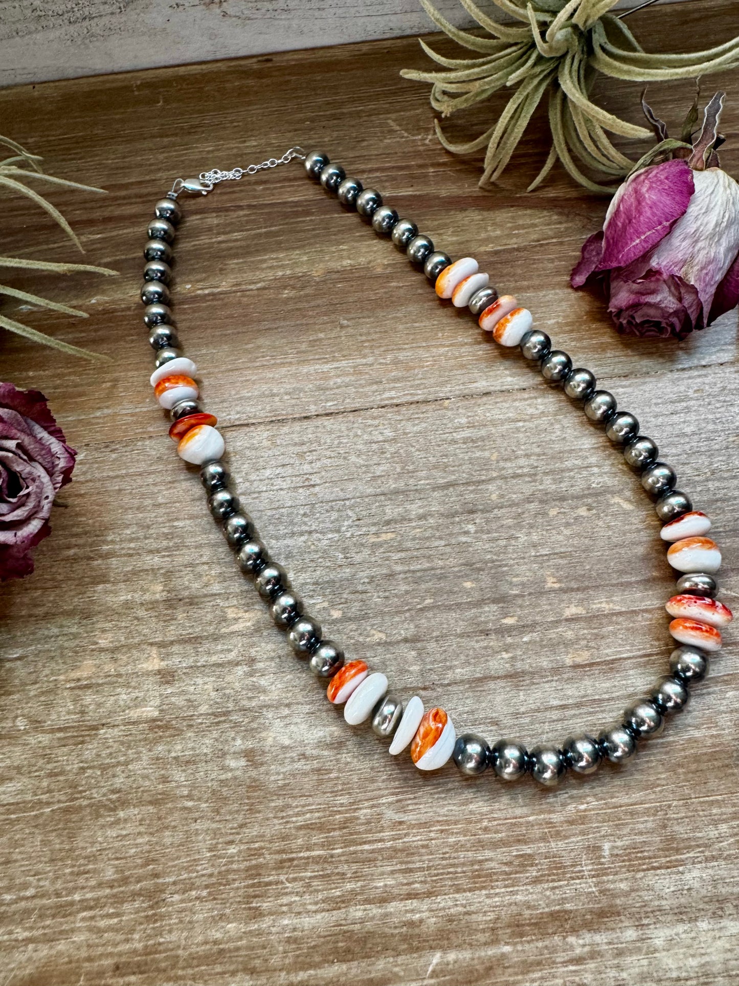 Spiny Oyster & Sterling Silver Pearl Necklace – 8mm – Handmade by The Bijoux FAB – 17.5"