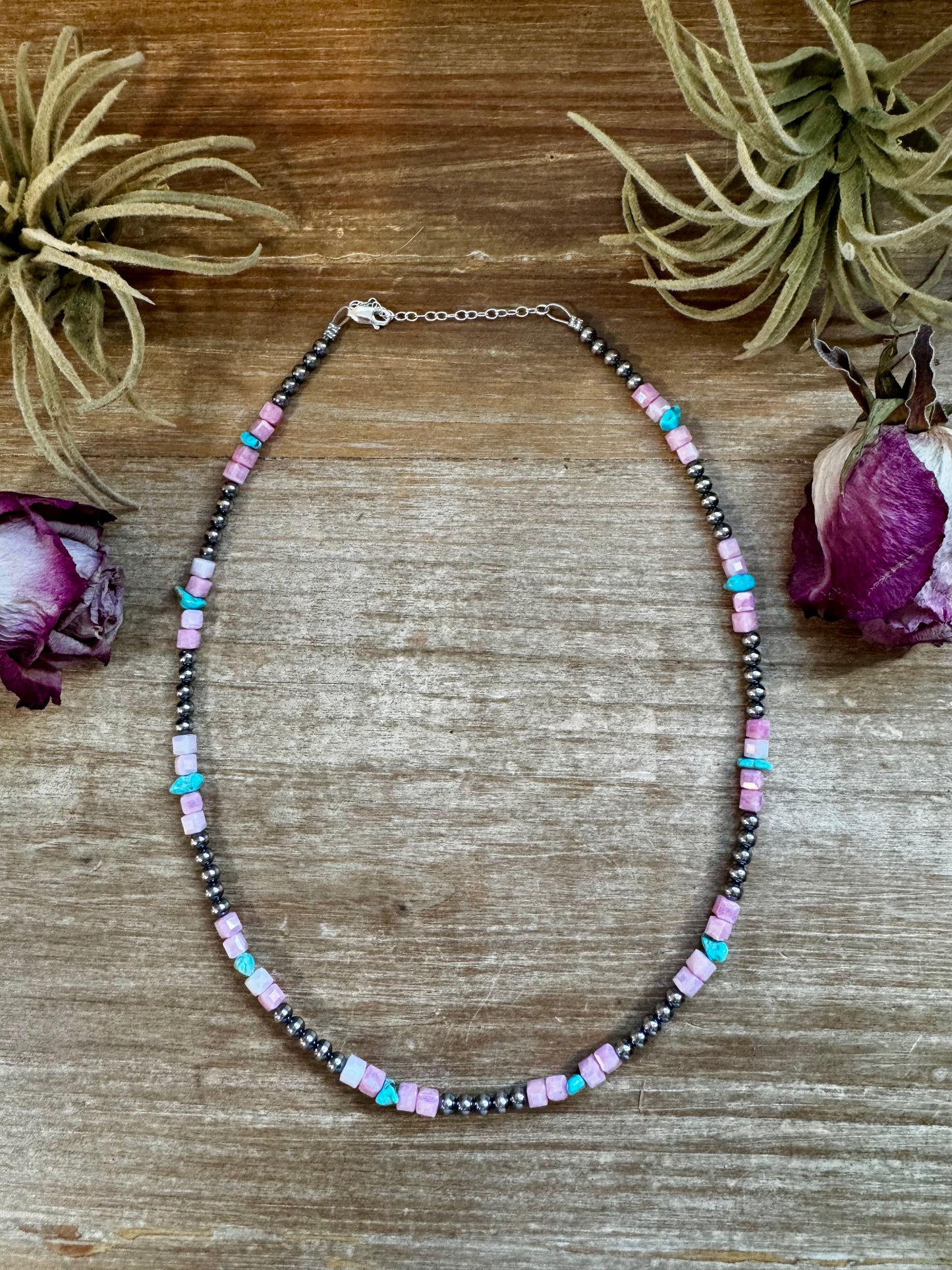 Sterling silver pearl necklace with Sleeping Beauty turquoise and 5mm faceted pink magnesite, handmade by The Bijoux FAB in the USA