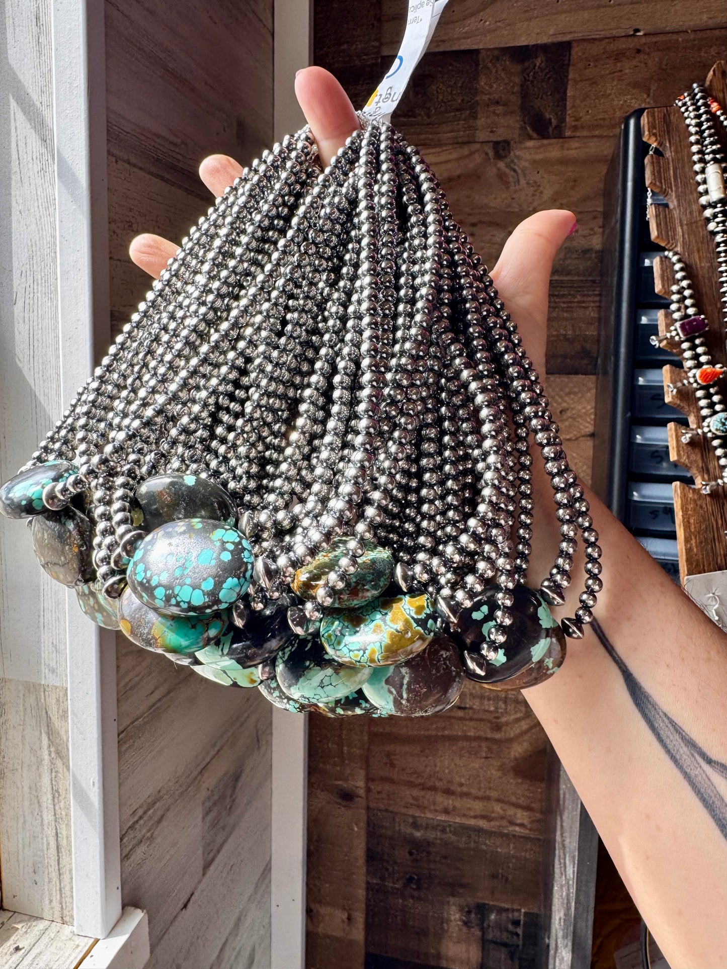 15-inch sterling silver pearl necklace with two high-grade Arizona turquoise stones, handmade and one of a kind