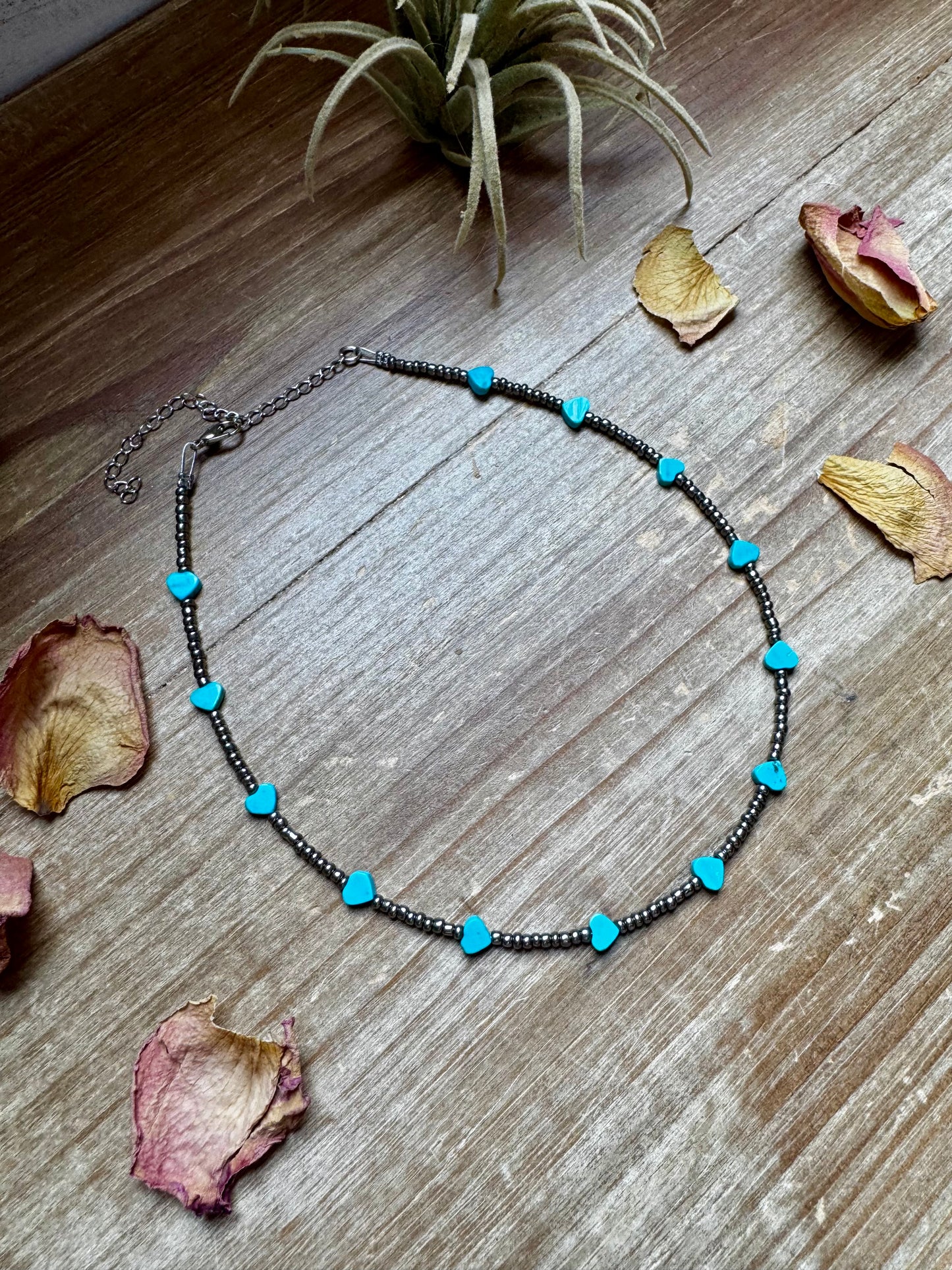 Handmade 14-inch necklace with antique silver glass seed beads and turquoise variscite heart center, made by The Bijoux FAB
