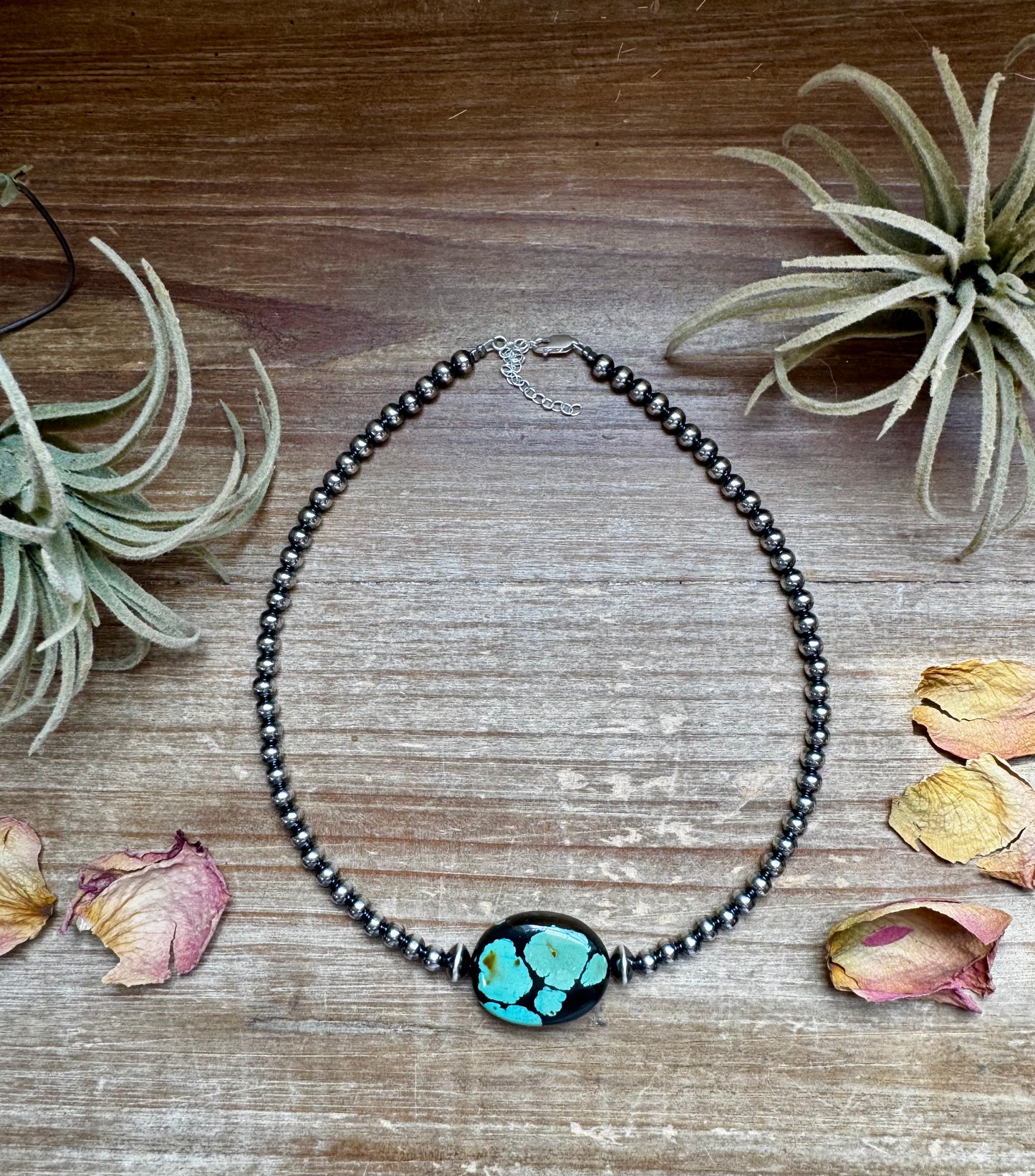 15-inch sterling silver pearl necklace with two high-grade Arizona turquoise stones, handmade and one of a kind