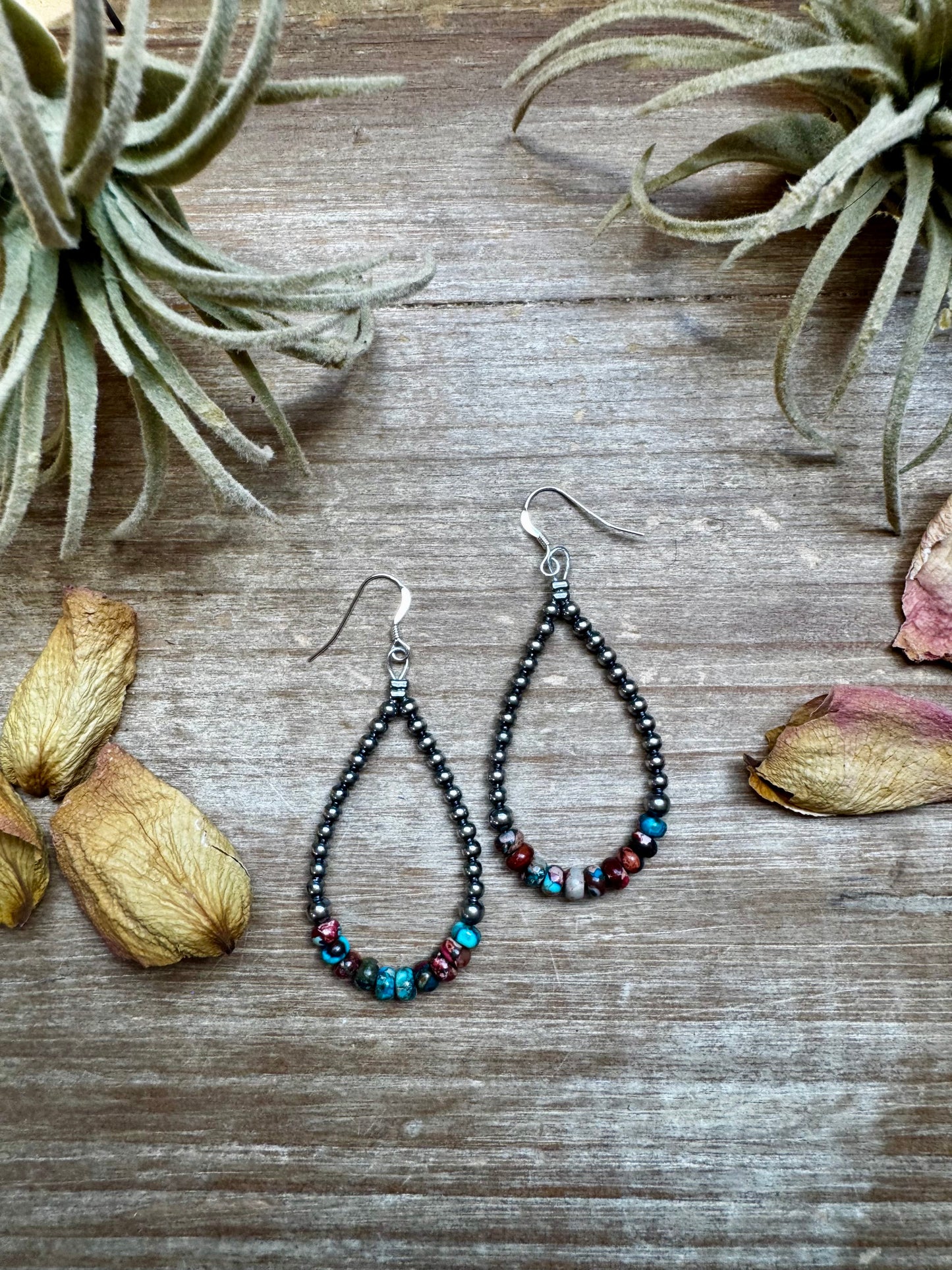 Teardrop earrings with sterling silver pearls and pink-blue sea sediment beads on French hooks