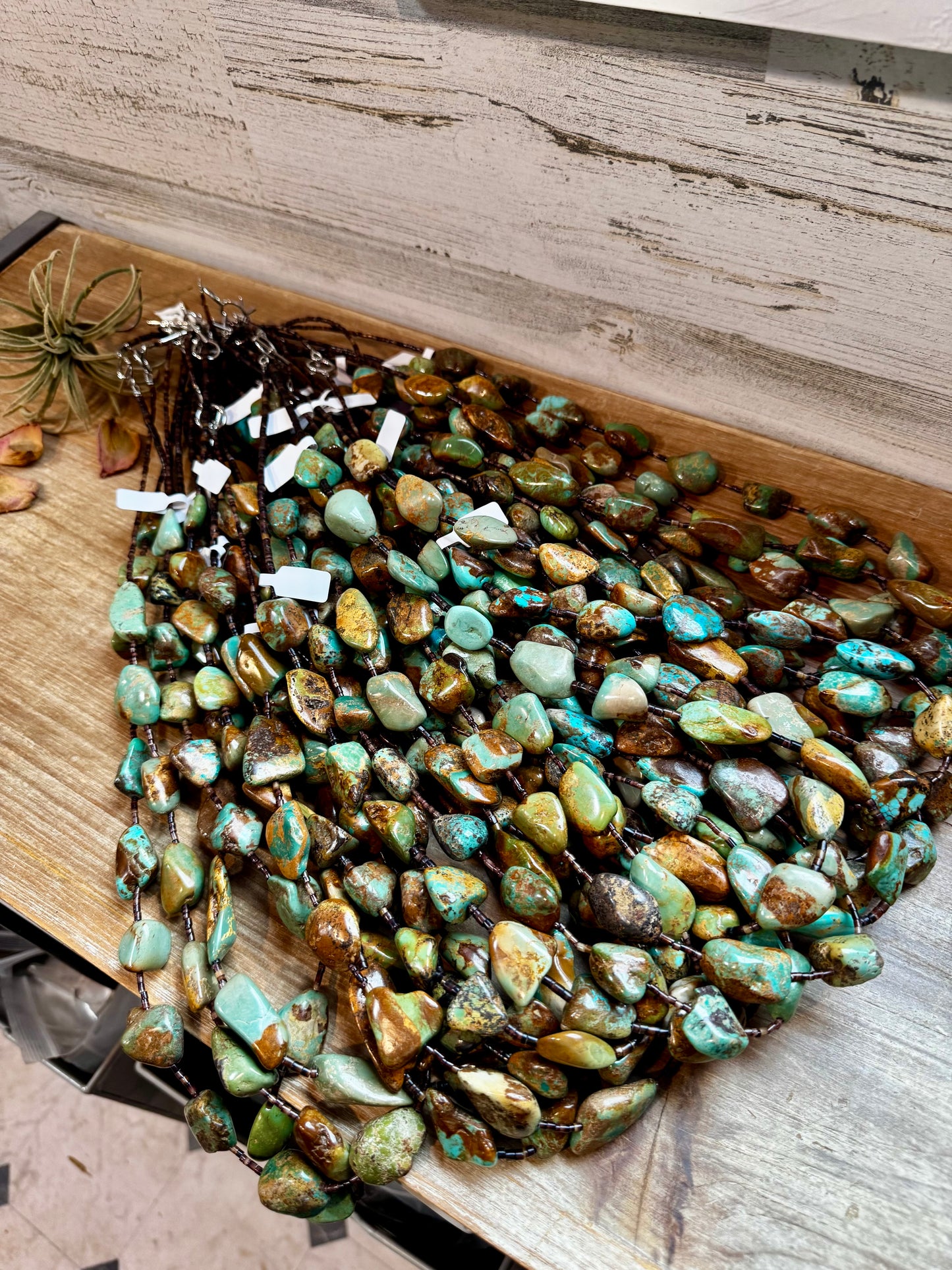 Handmade 34-inch necklace with brown 3mm shell beads and long green-brown turquoise nuggets, finished with non-tarnish hook, made by The Bijoux FAB