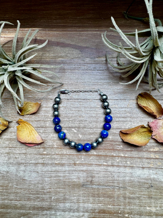 Sterling silver and lapis bracelet with 8 mm round beads, 6.5 inches plus extender, handmade by The Bijoux FAB