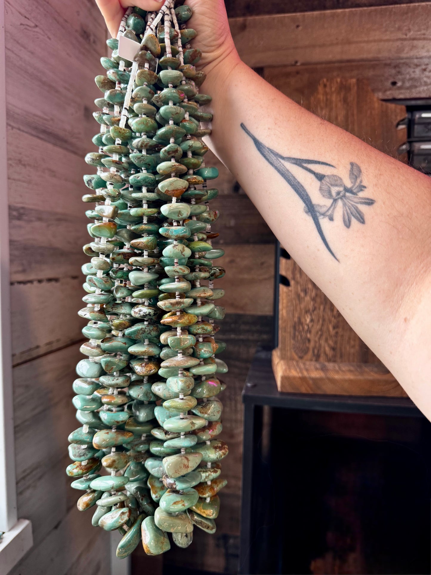 Handmade 34-inch necklace with 3mm natural shell beads and graduated real turquoise nuggets, finished with non-tarnish hook, made by The Bijoux FAB