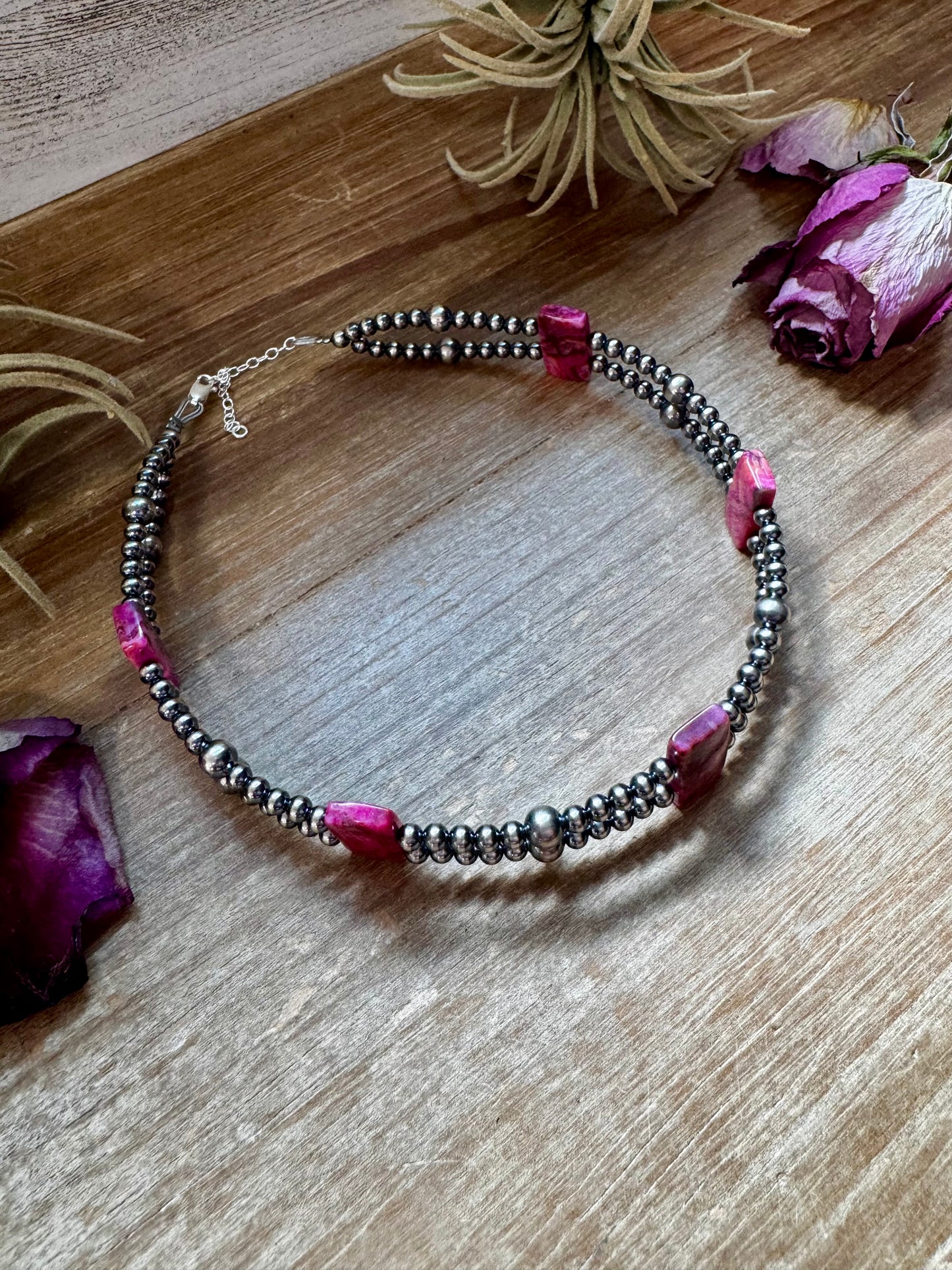 Pink Double Strand Necklace – 13” Beaded – Sterling Silver Pearls & Rectangle Variscite Turquoise