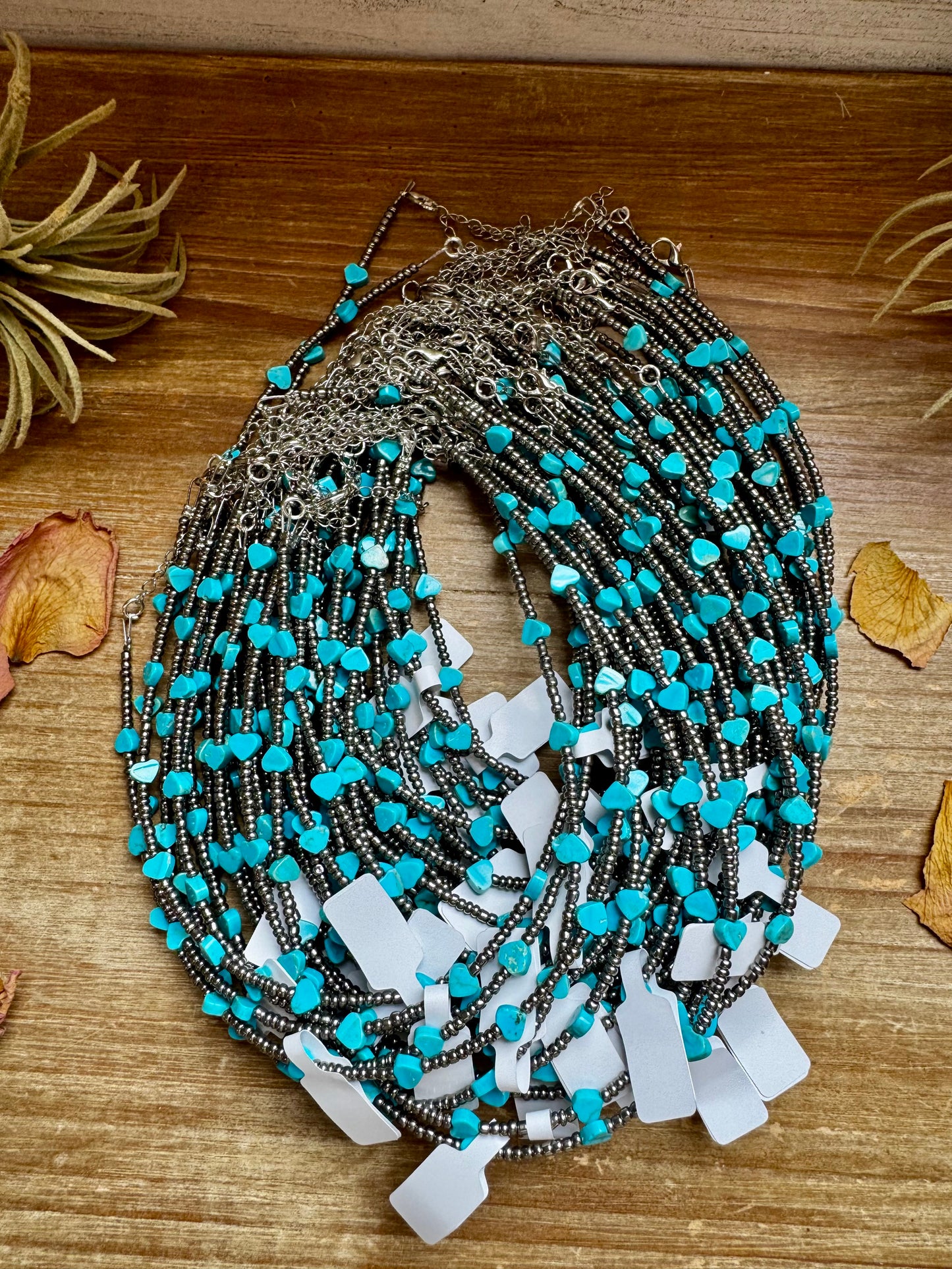 Handmade 14-inch necklace with antique silver glass seed beads and turquoise variscite heart center, made by The Bijoux FAB