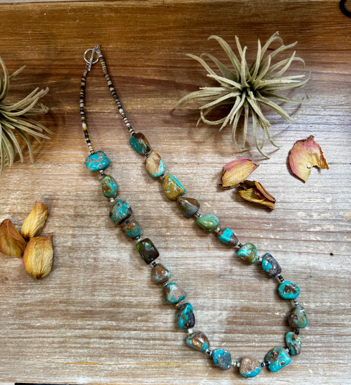 27-inch necklace with 3 mm natural shell beads and turquoise nugget accents, handmade by The Bijoux FAB