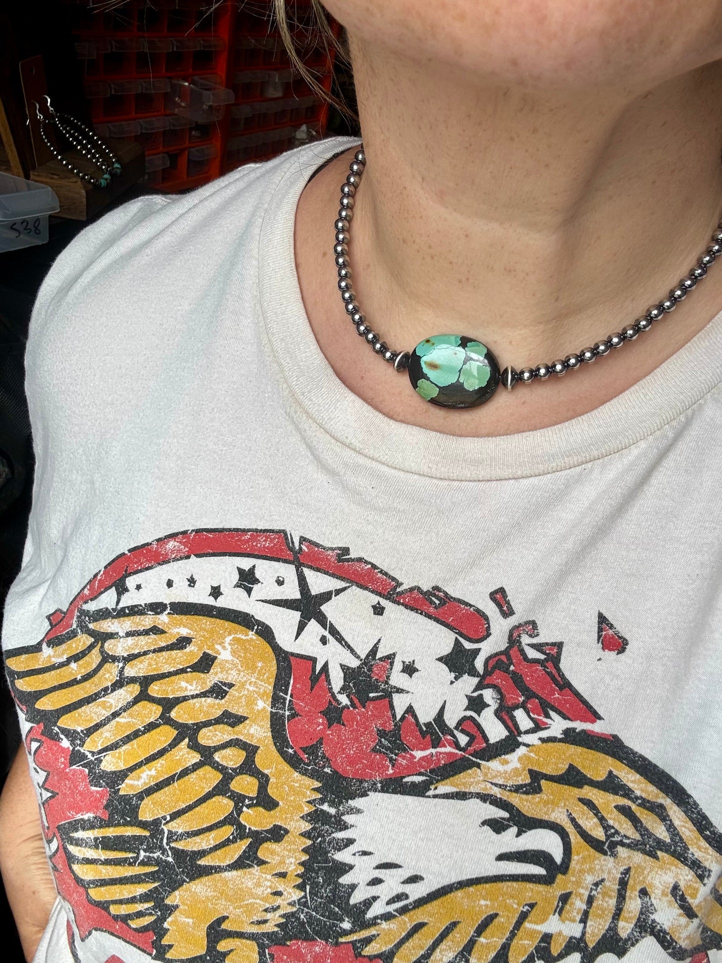 15-inch sterling silver pearl necklace with two high-grade Arizona turquoise stones, handmade and one of a kind