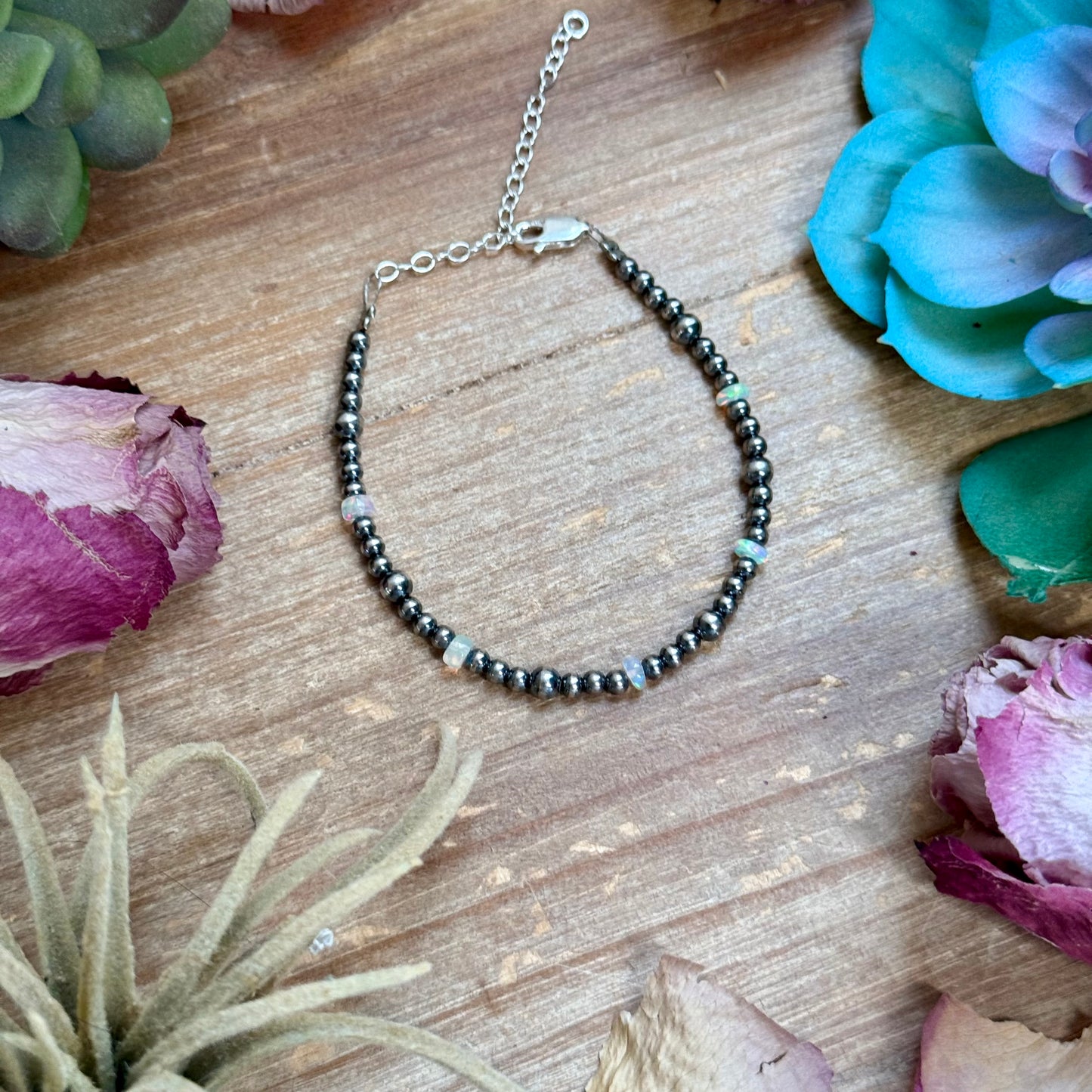 6.25” White Ethiopian Opal Bracelet – 3–4mm Sterling Silver Pearls