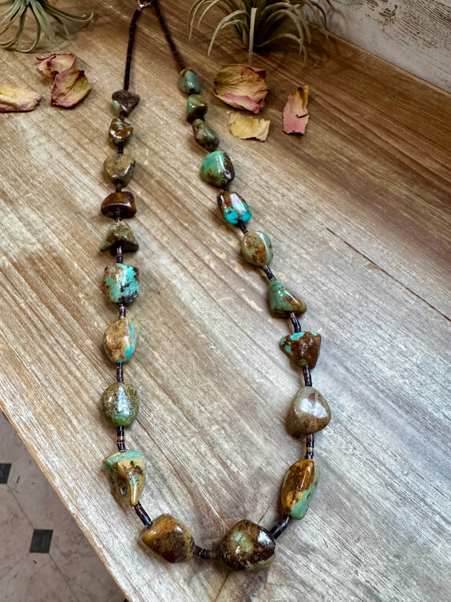 Handmade 34-inch necklace with brown 3mm shell beads and long green-brown turquoise nuggets, finished with non-tarnish hook, made by The Bijoux FAB