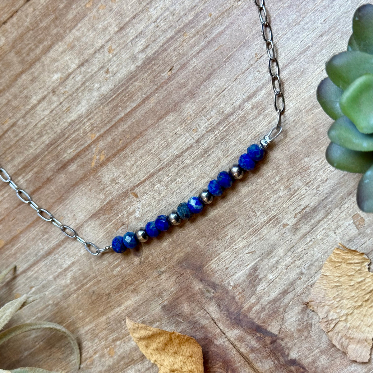 Faceted Lapis & Sterling Silver Pearl Paperclip Necklace
