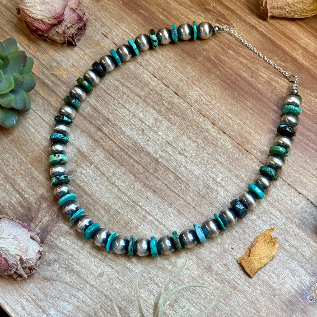 Turquoise Rondelle & Sterling Silver Pearl Statement Necklace