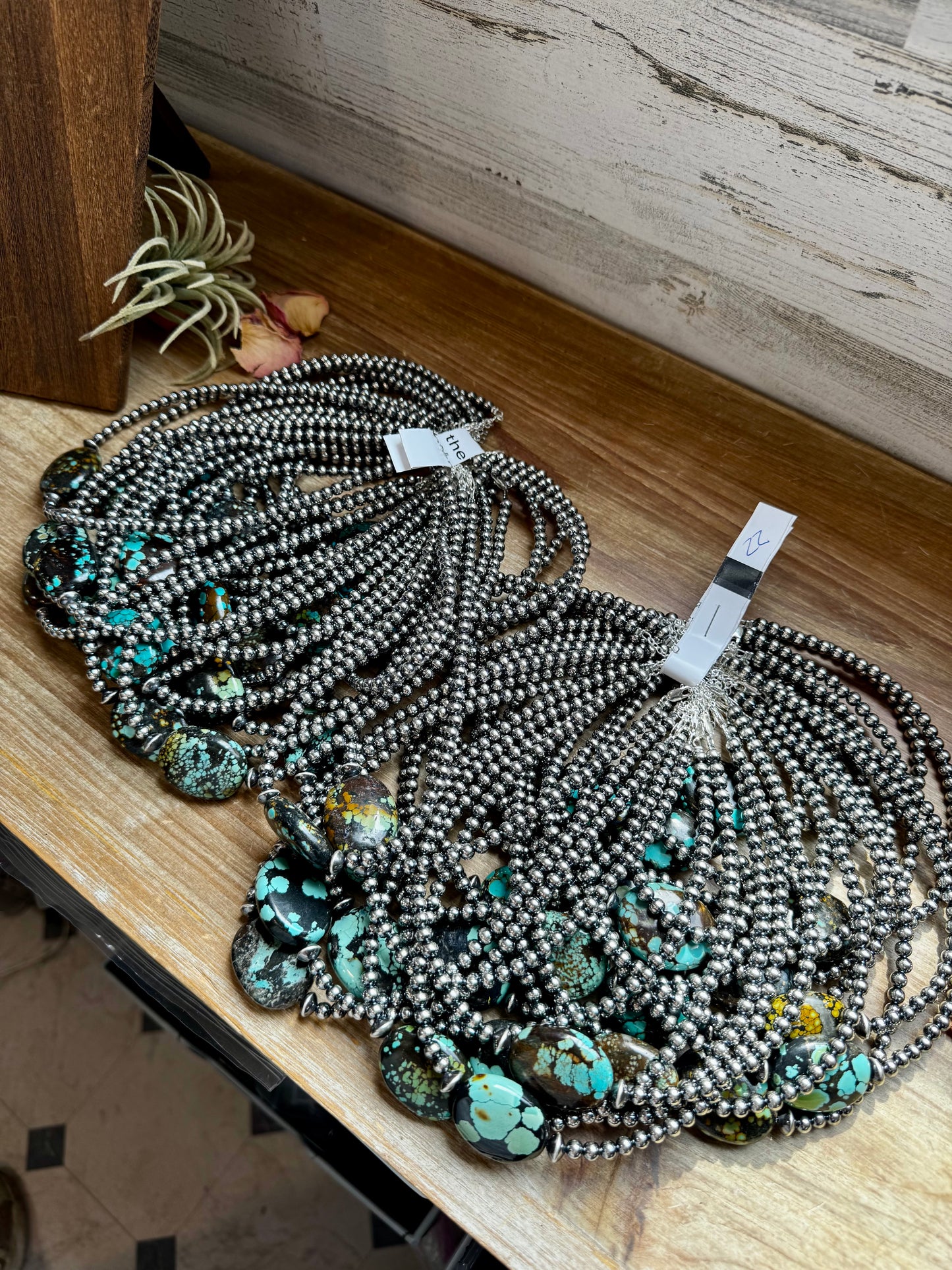 15-inch sterling silver pearl necklace with two high-grade Arizona turquoise stones, handmade and one of a kind