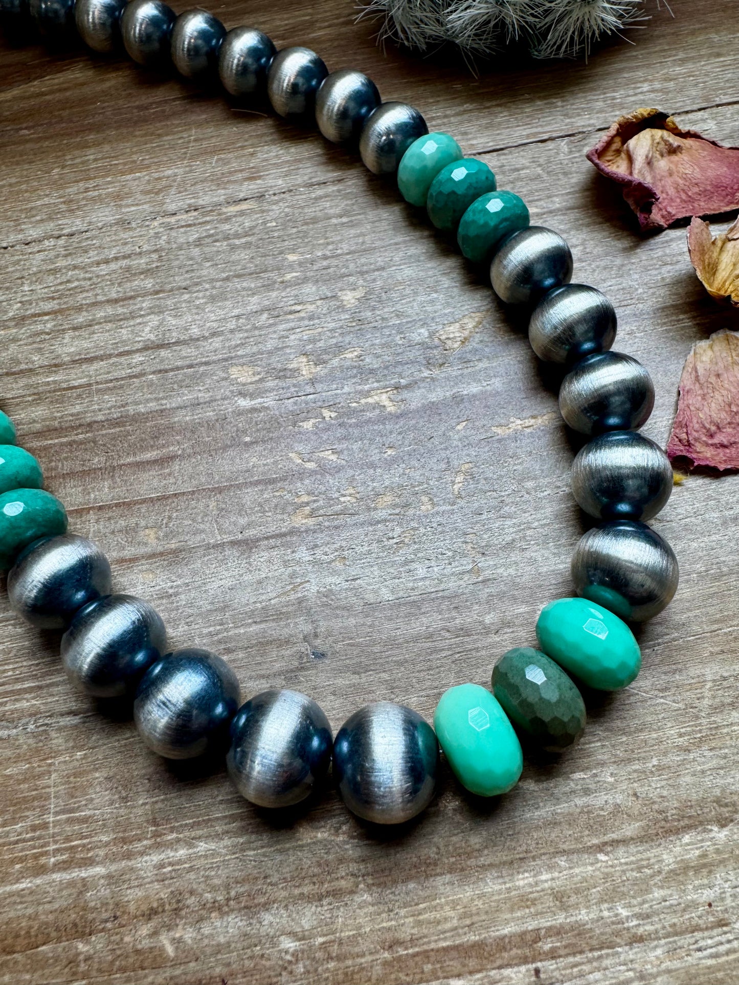 19 Inch 14 mm Sterling Silver Pearls necklace with Australian Green Grass Agate