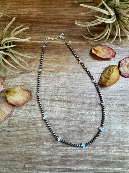 Handmade 15-inch white opal necklace with sterling silver pearls and extender, crafted by The Bijoux FAB
