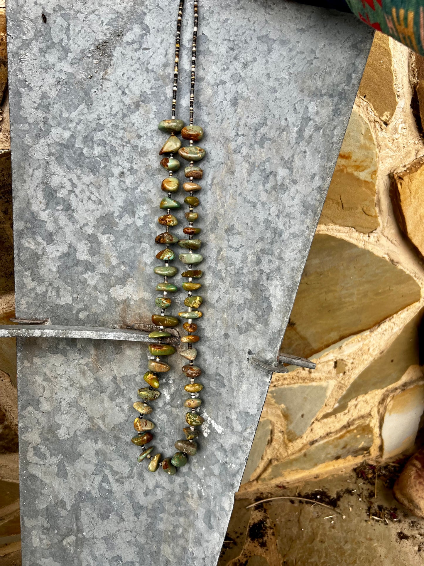 Green big chunky nuggets turquoise necklace with cream shells - fall collection