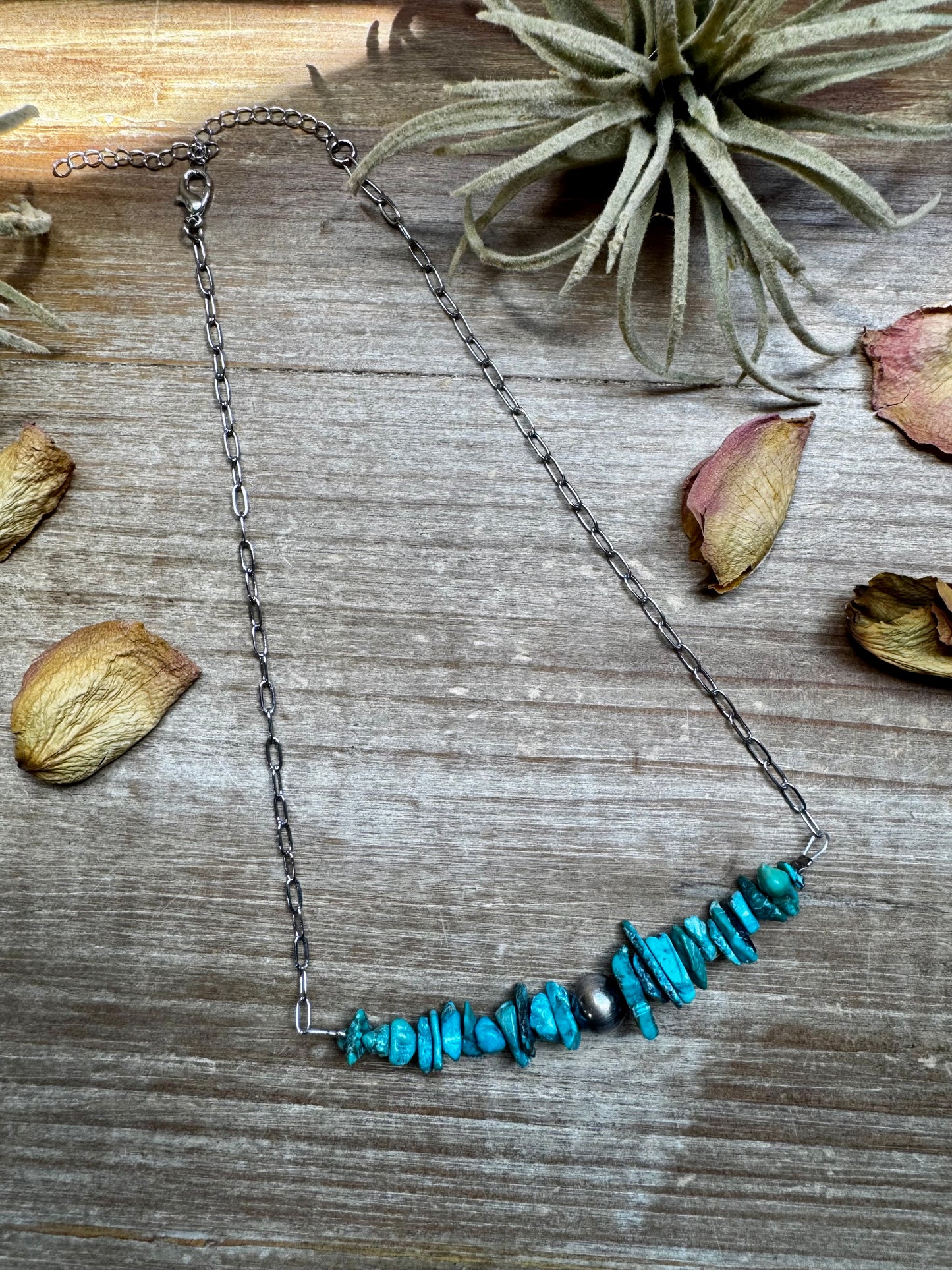 Turquoise chip necklace with silver-plated paperclip chain and 10 mm sterling silver pearl center, handmade by The Bijoux FAB