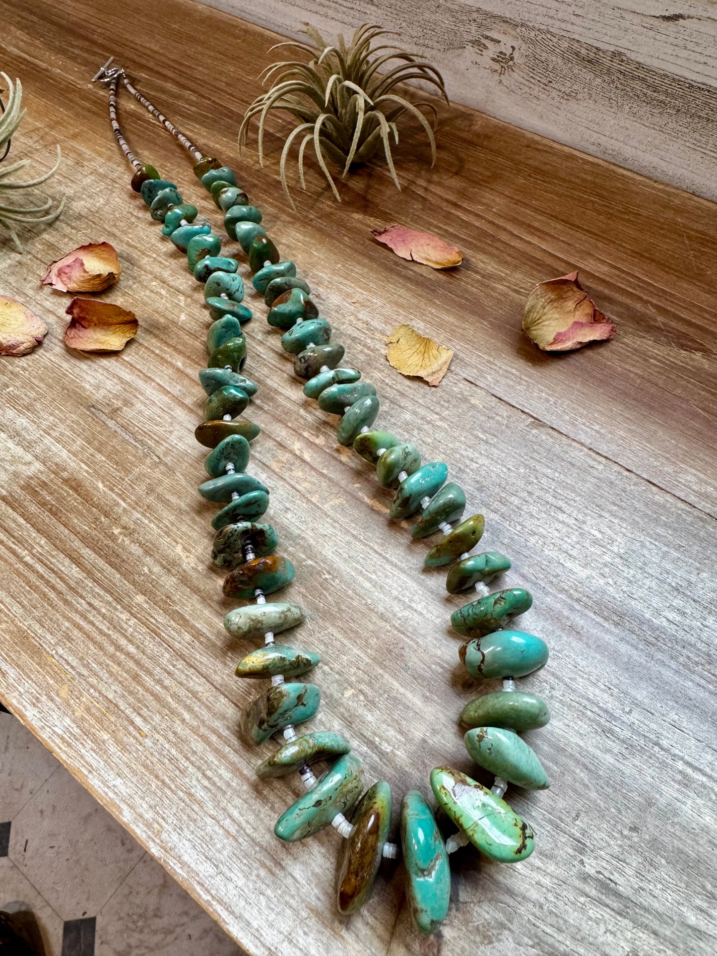 Handmade 34-inch necklace with 3mm natural shell beads and graduated real turquoise nuggets, finished with non-tarnish hook, made by The Bijoux FAB