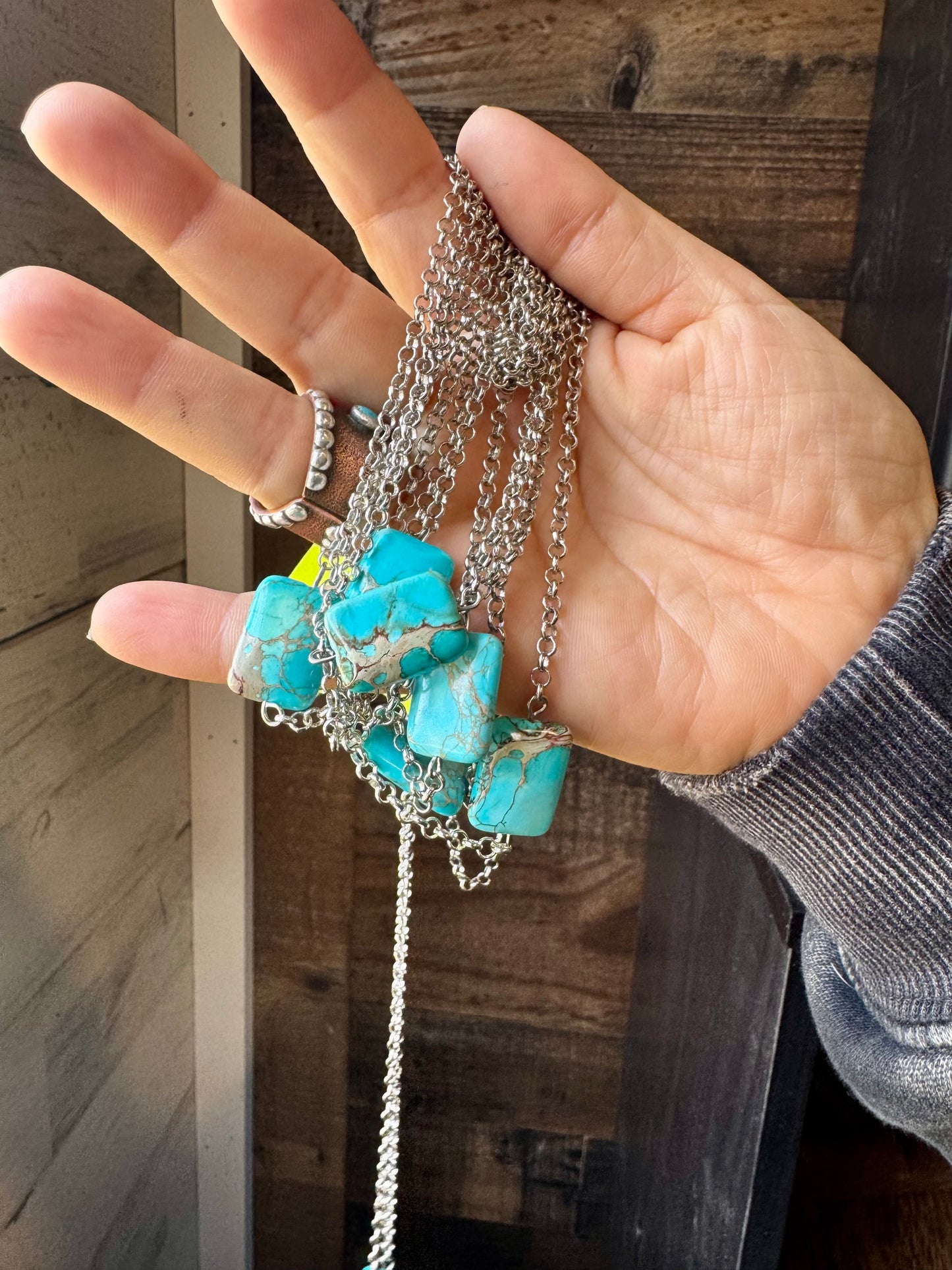Hand-strung Variscite Turquoise necklace with sterling silver pearls, crafted in North Texas. Beautiful greenish-blue gemstones with a unique Western style
