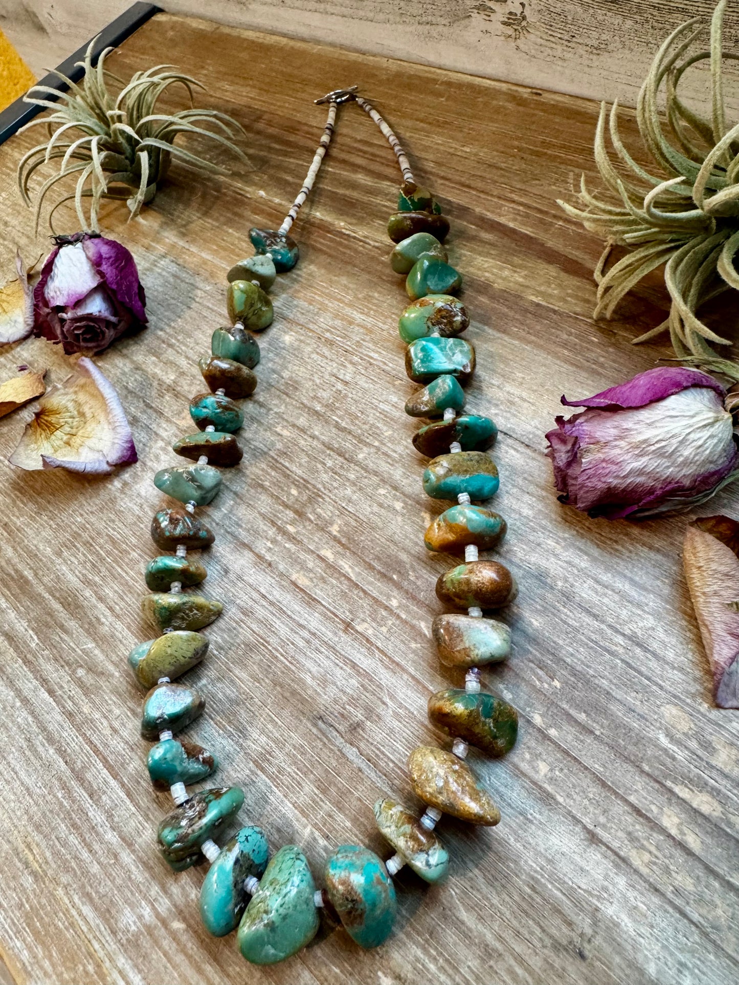 26" Green Turquoise Nugget & Shell Necklace
